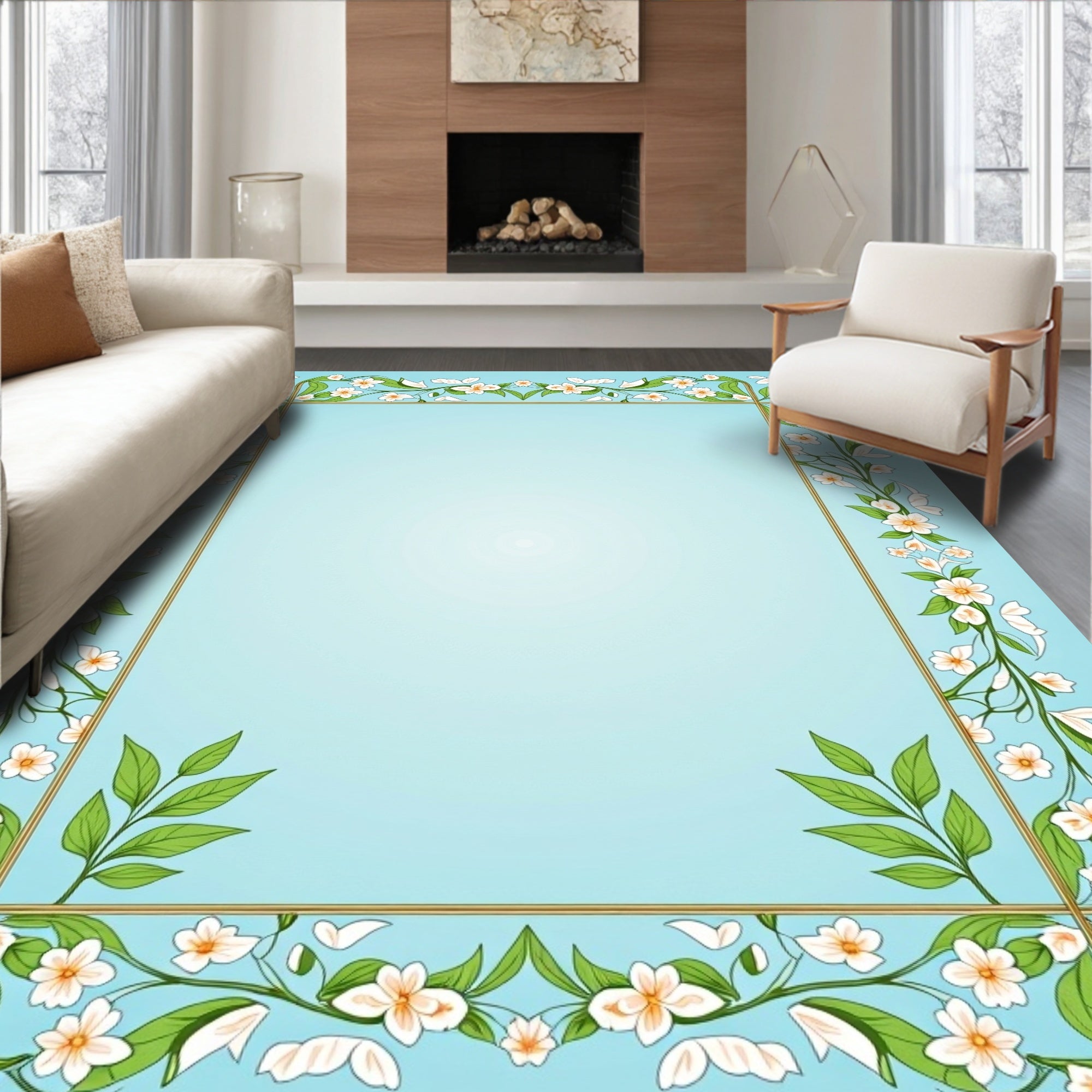 Pale Blue Floral Vine Border Rug