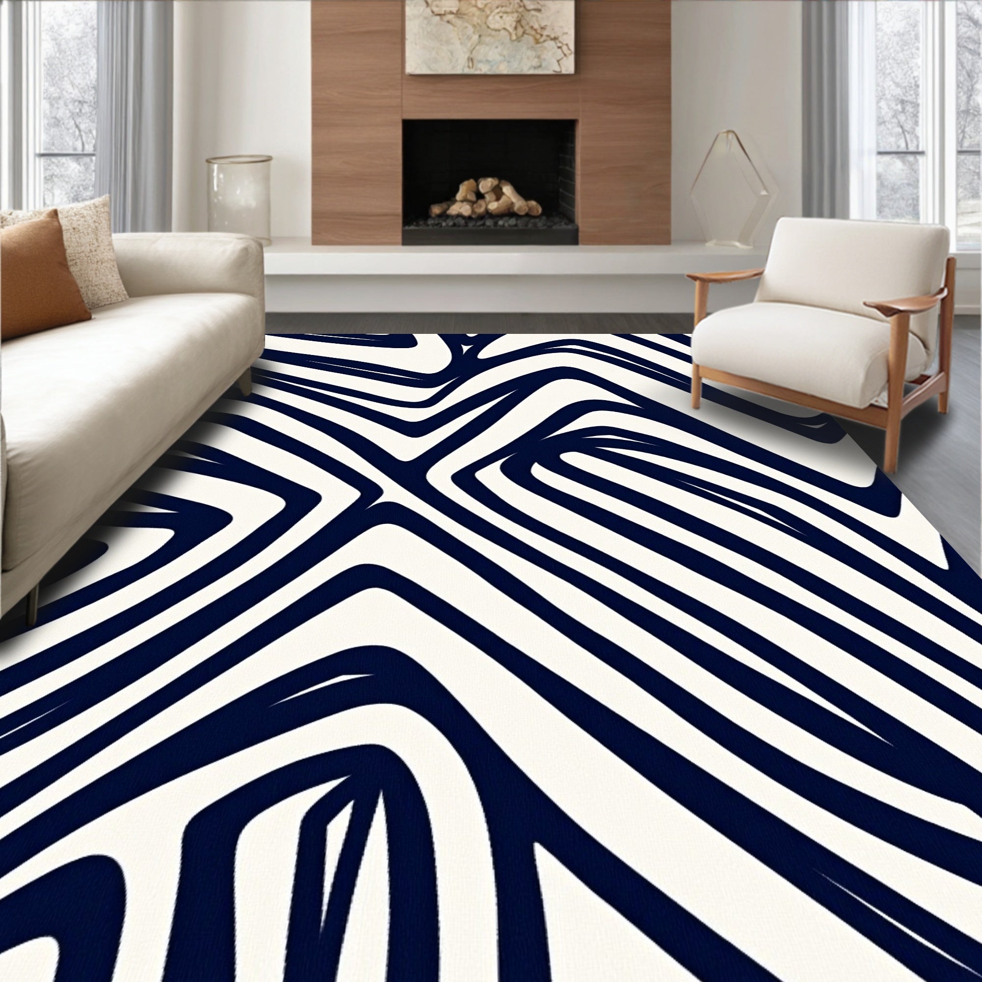 Deep Blue Abstract Overlapping Lines Rug