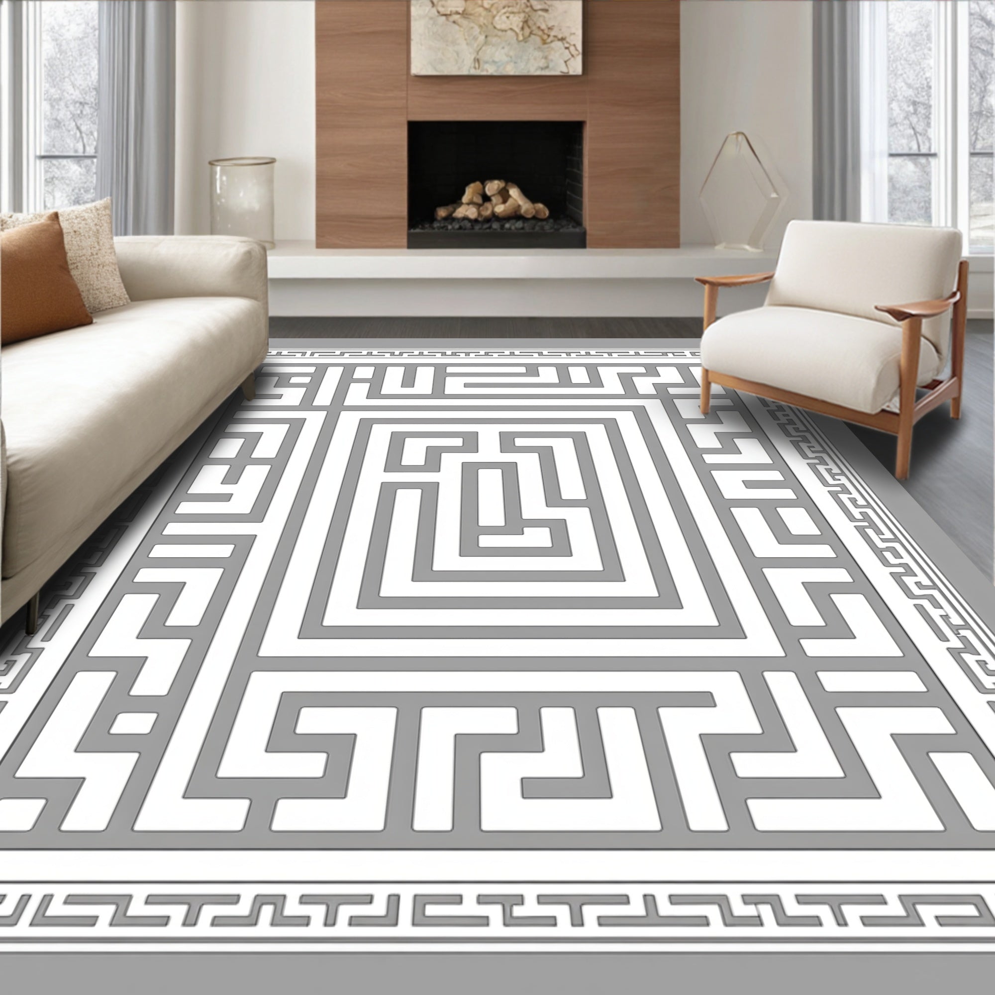 White Labyrinth Geometric Border Rug