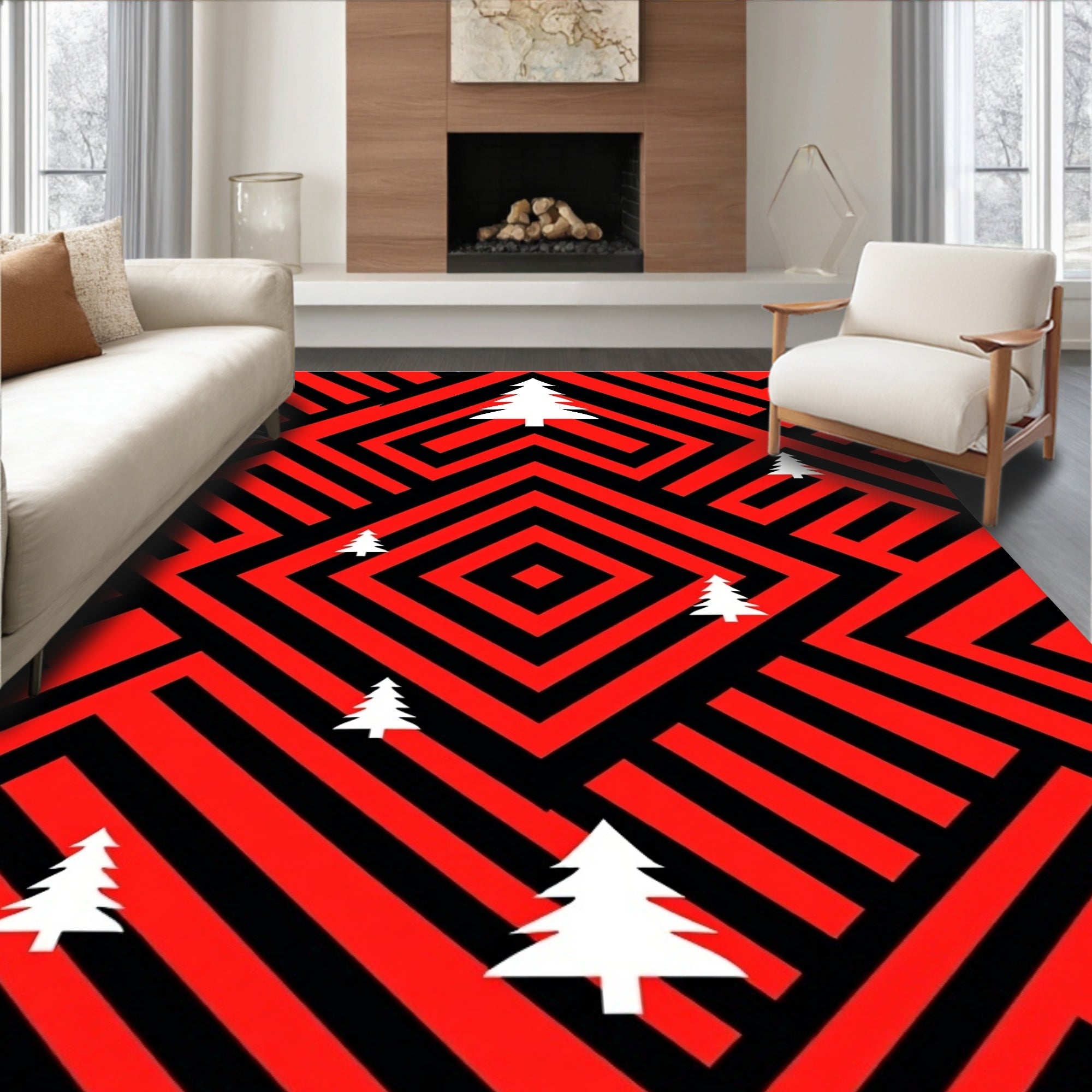 Crimson Maze White Pine Trees Rug