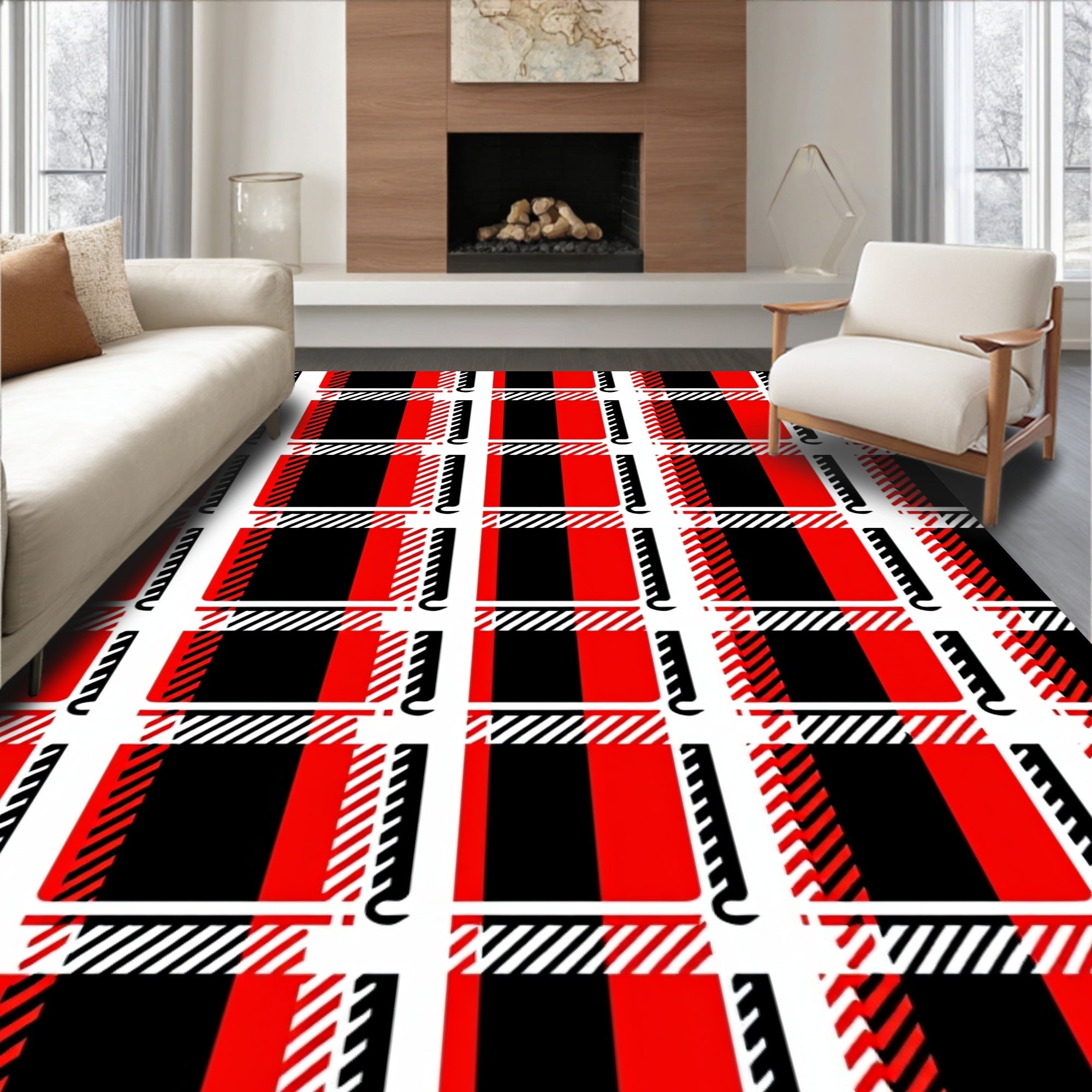 Bold Red Black Plaid Checks Rug