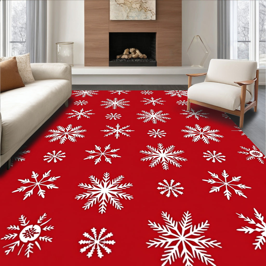 Red White Snowflake Winter Snowscape Rug