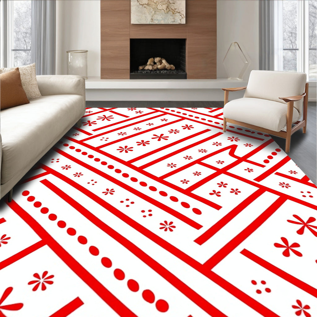 Red White Geometric Floral Line Rug