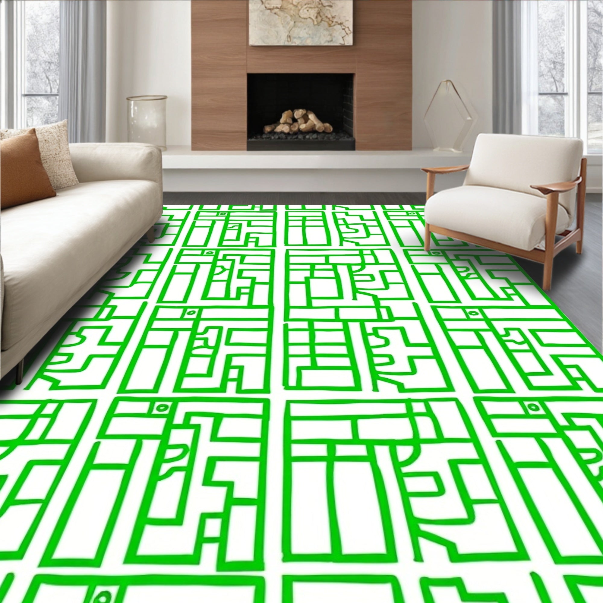 Bright Green Linear Maze Composition Rug