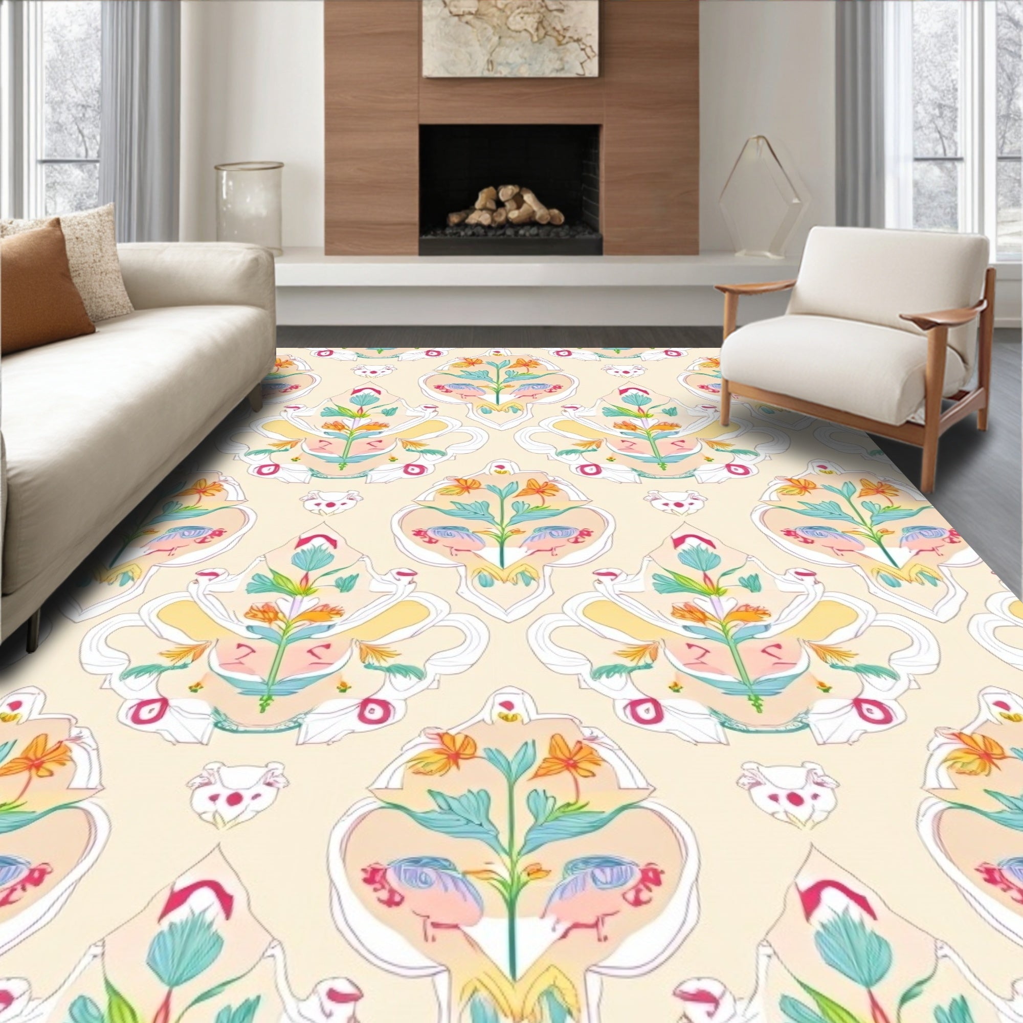Pale Floral Animal Crest Rug
