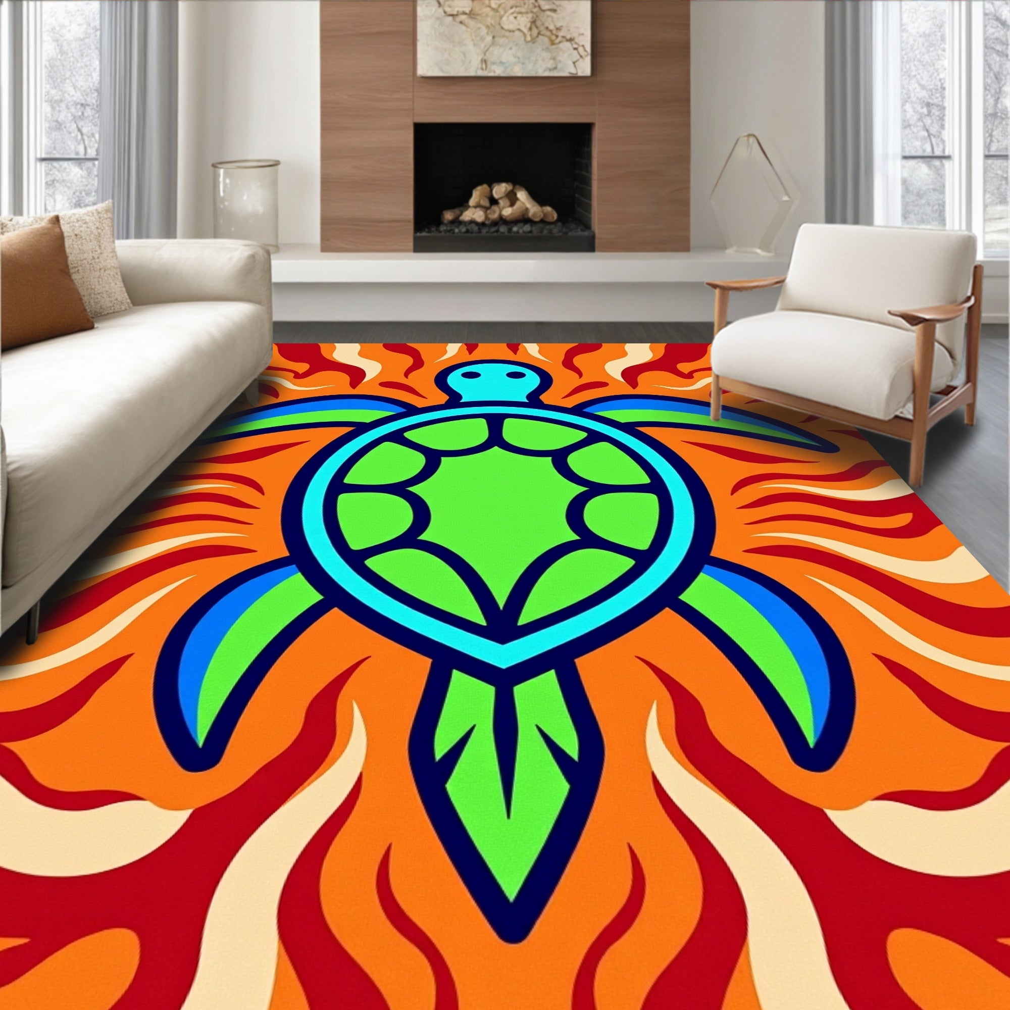 Vibrant Blue Green Turtle Fire Rug