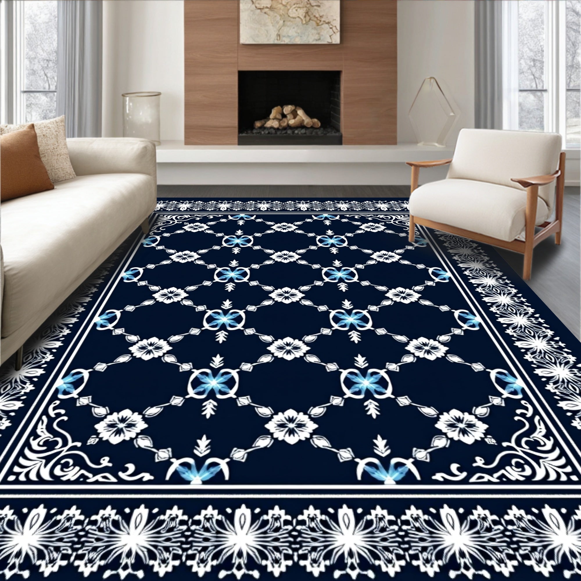 Midnight Blue Floral Lattice Charm Rug