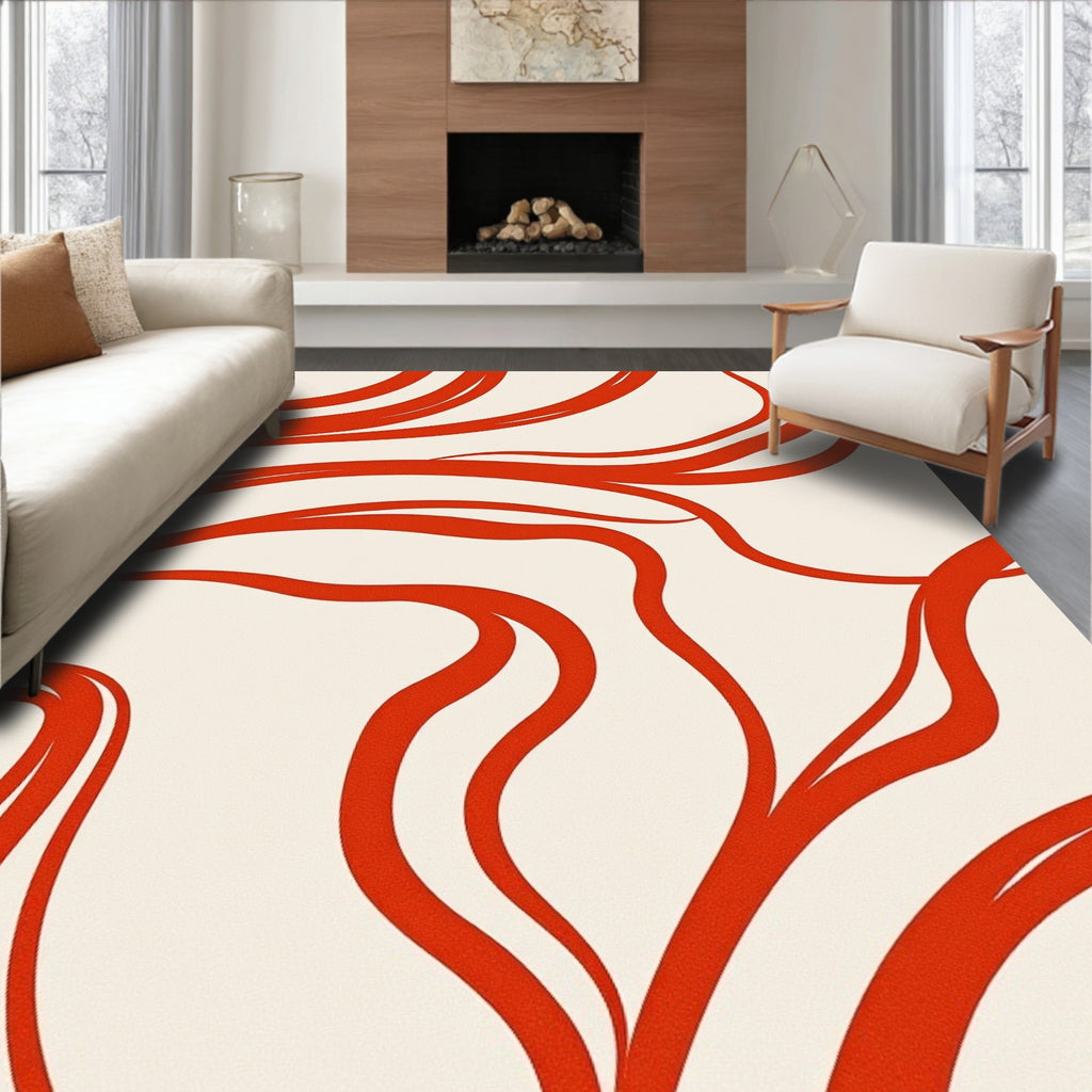 Vibrant Red Wavy Line Art Rug