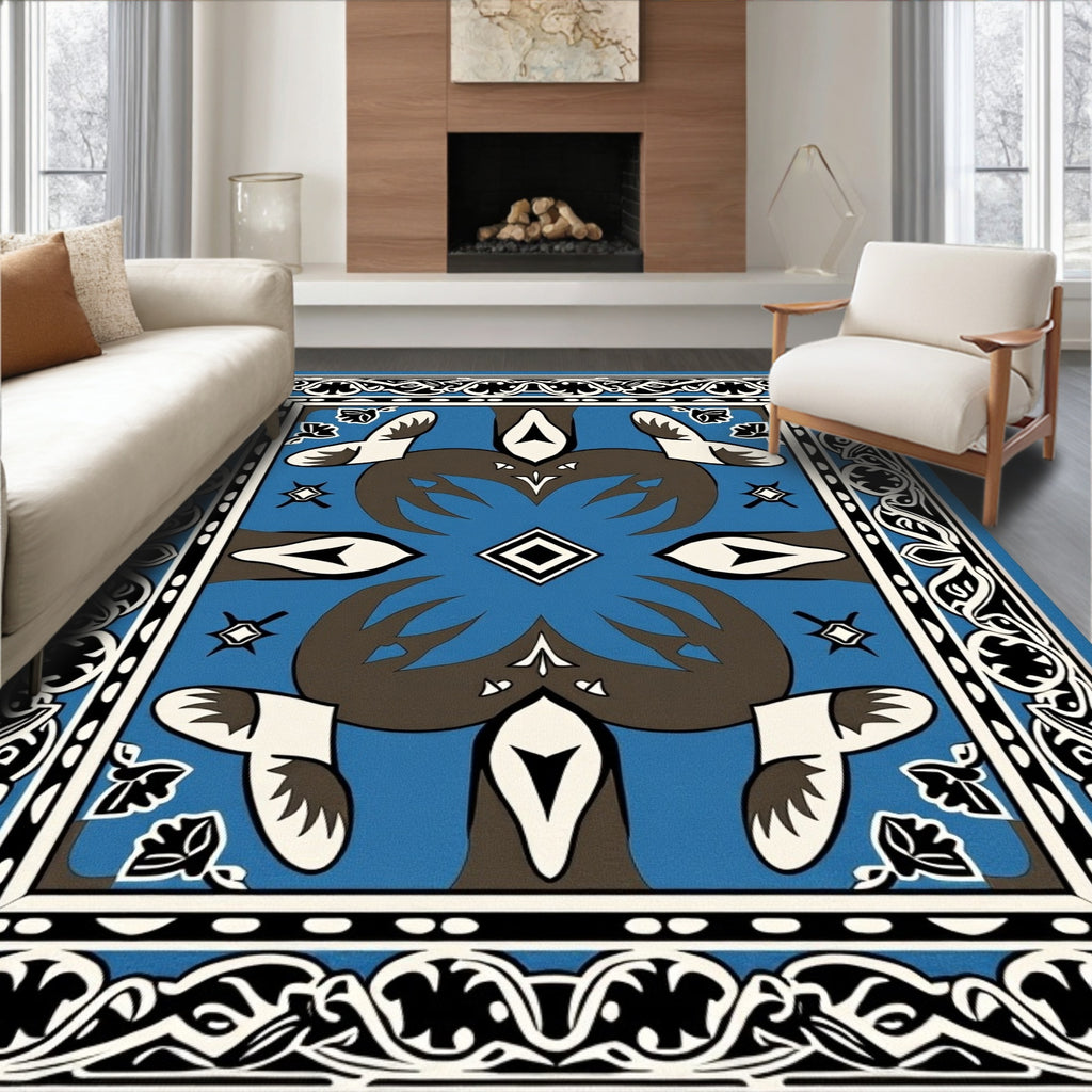 Vibrant Blue Brown White Geometric Frame Rug