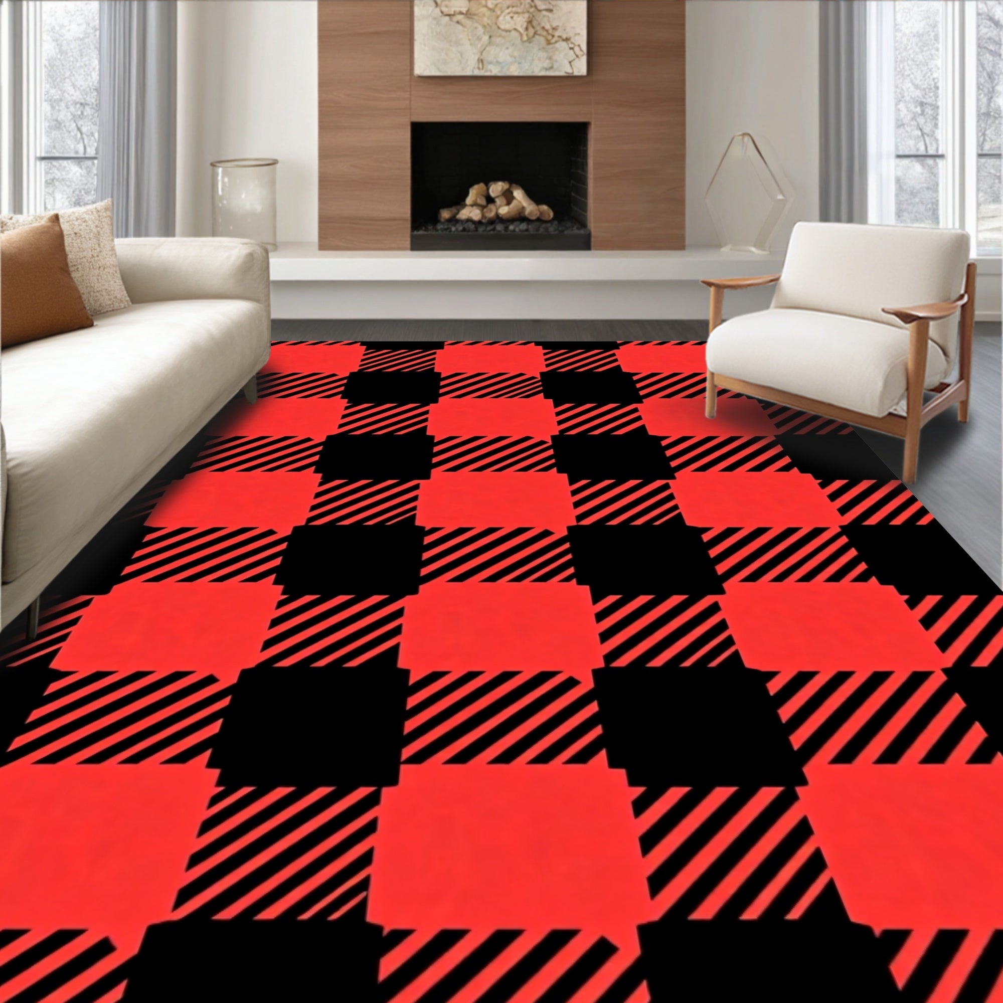 Classic Red Black Checkered Squares Rug