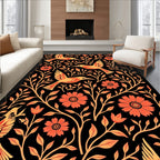 Coral and Gold Bird Floral Tableau Rug