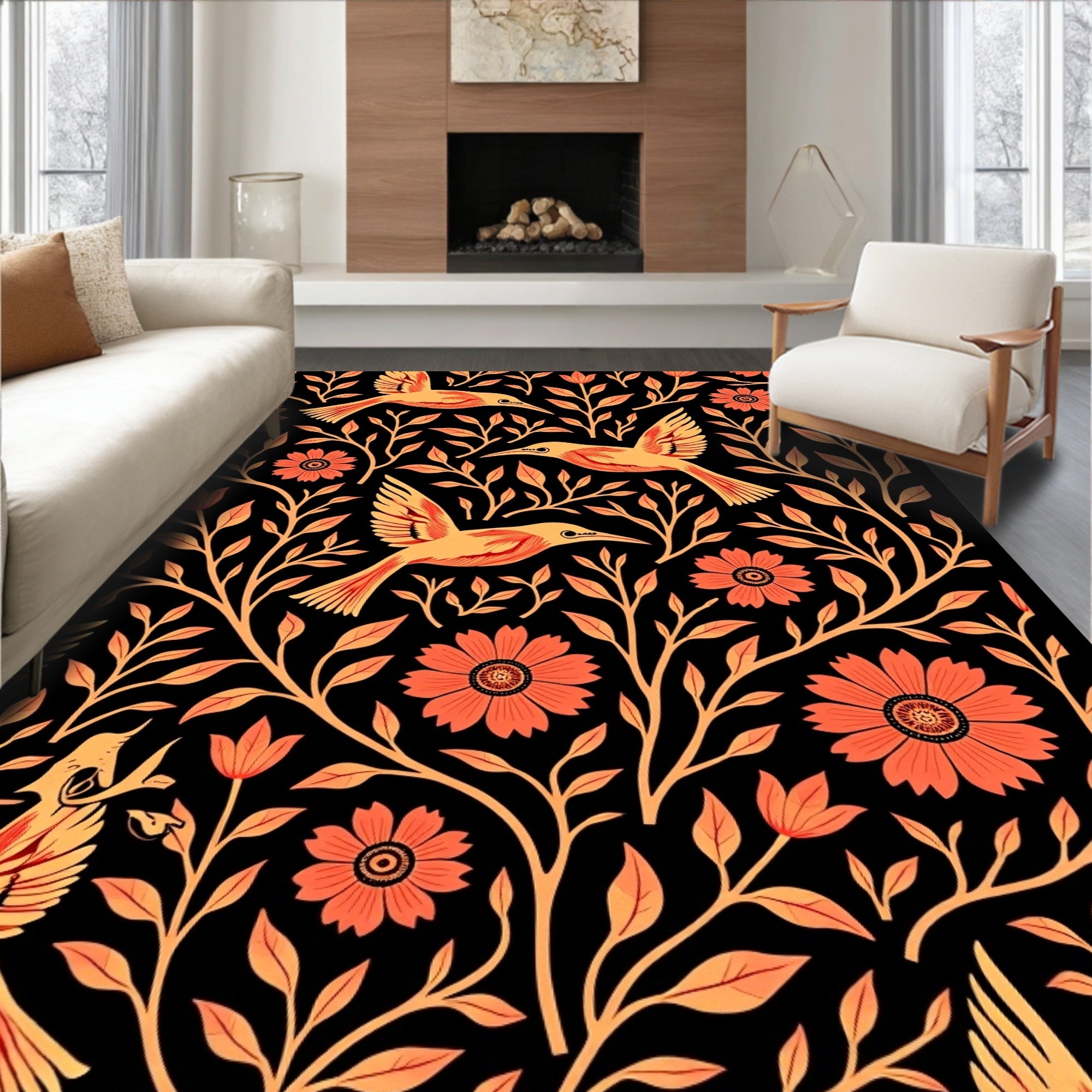 Coral and Gold Bird Floral Tableau Rug