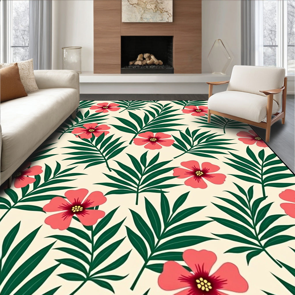 Coral Pink Flower Tropical Leaf Rug