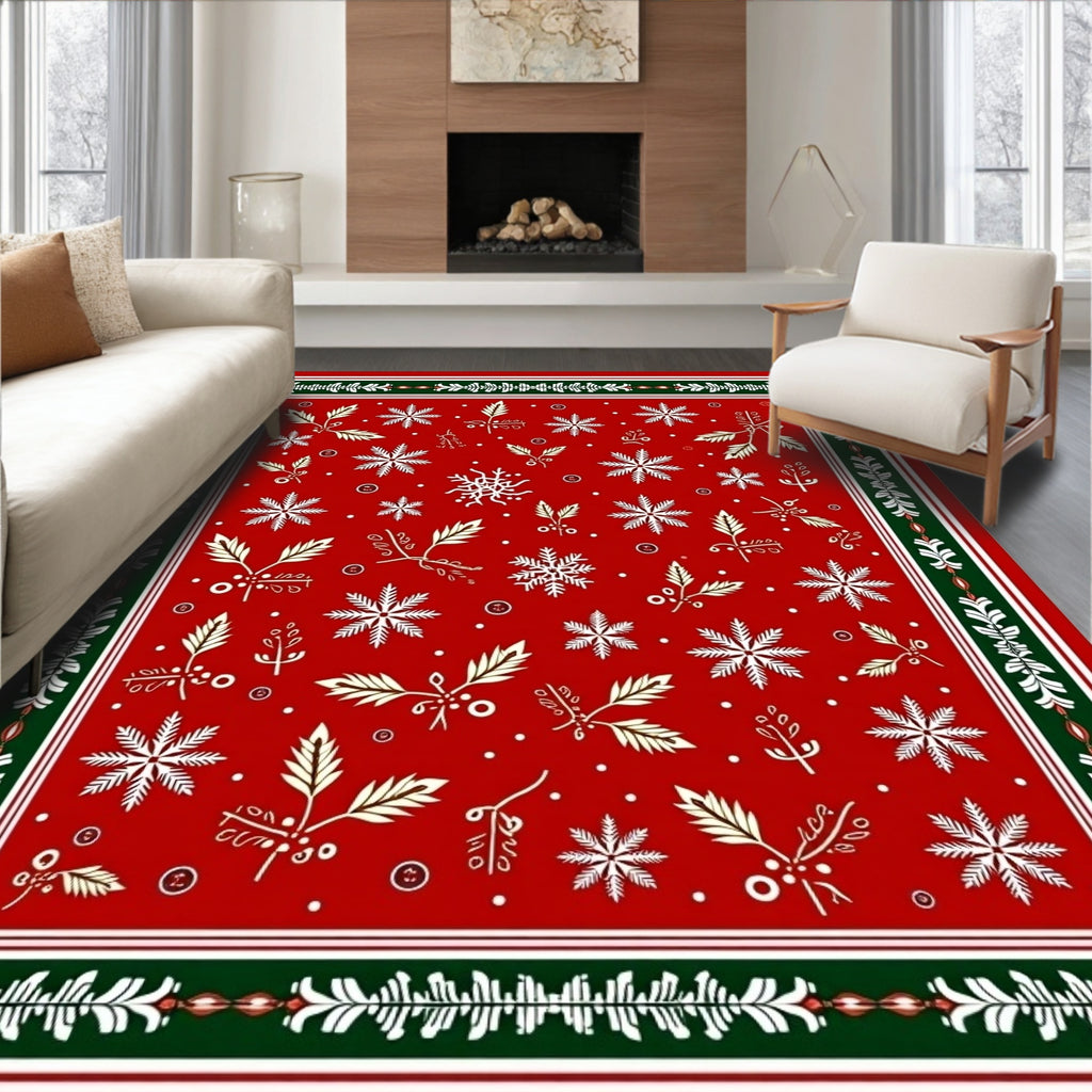 Red White Gold Snowflake Holly Border Rug