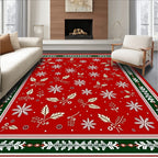 Red White Gold Snowflake Holly Border Rug