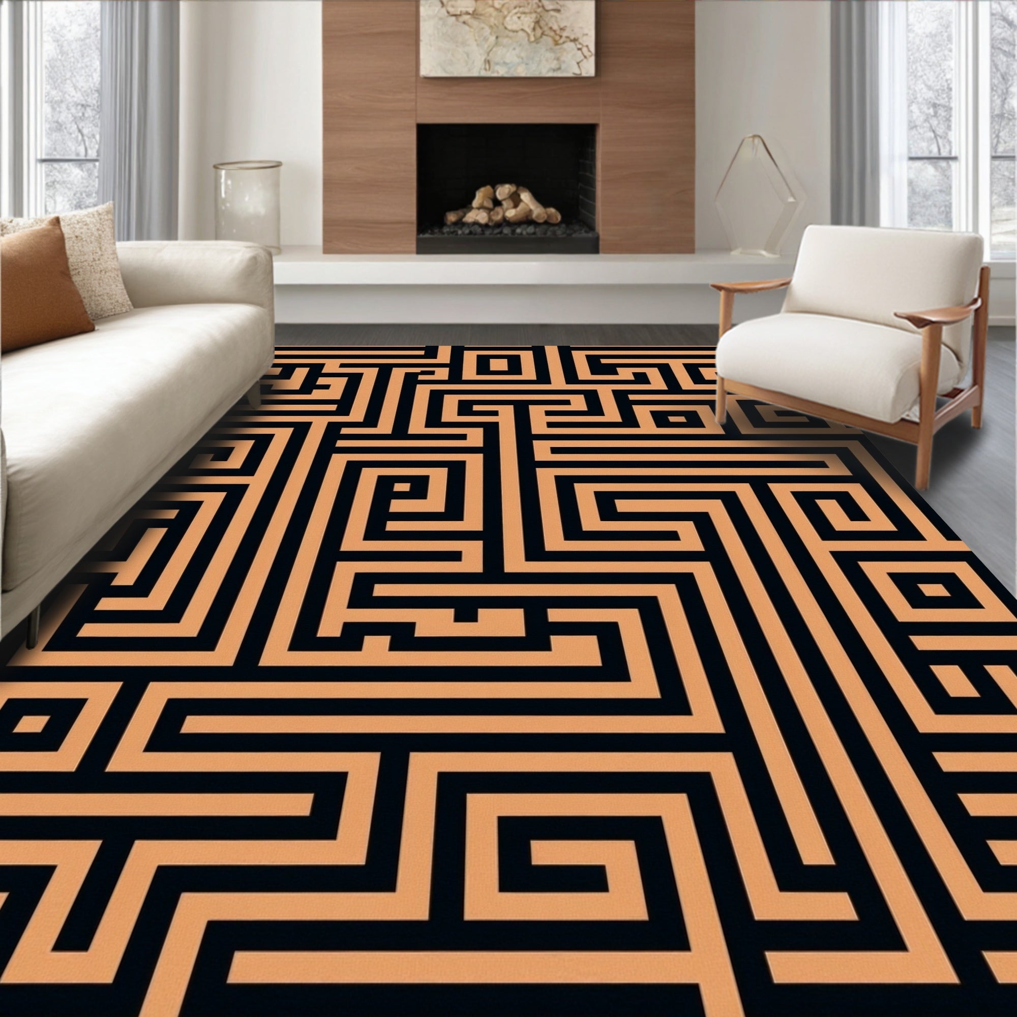 Orange Black Maze Geometry Rug