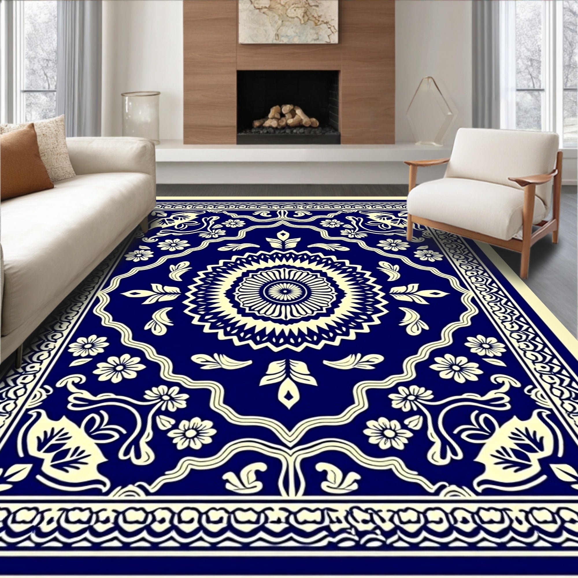 Deep Blue Floral Medallion Rug