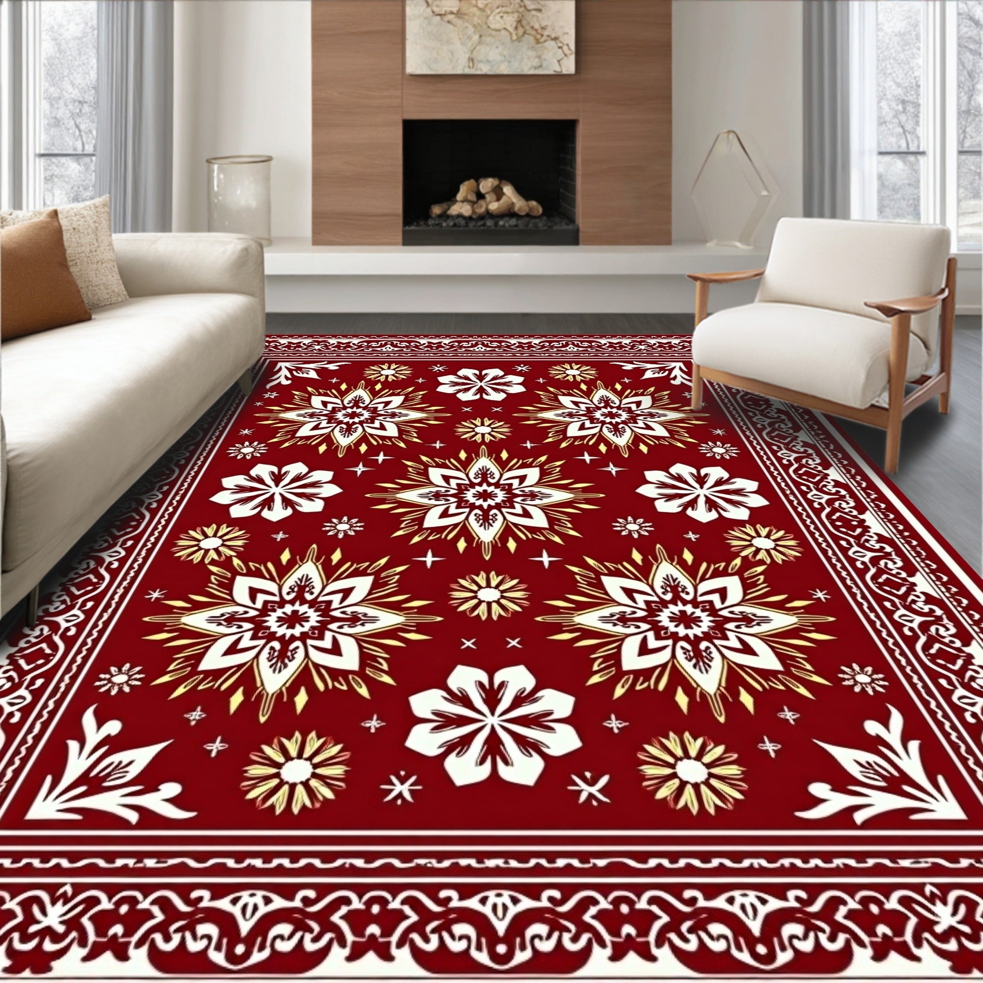 Crimson Floral Medallion Bordered Rug