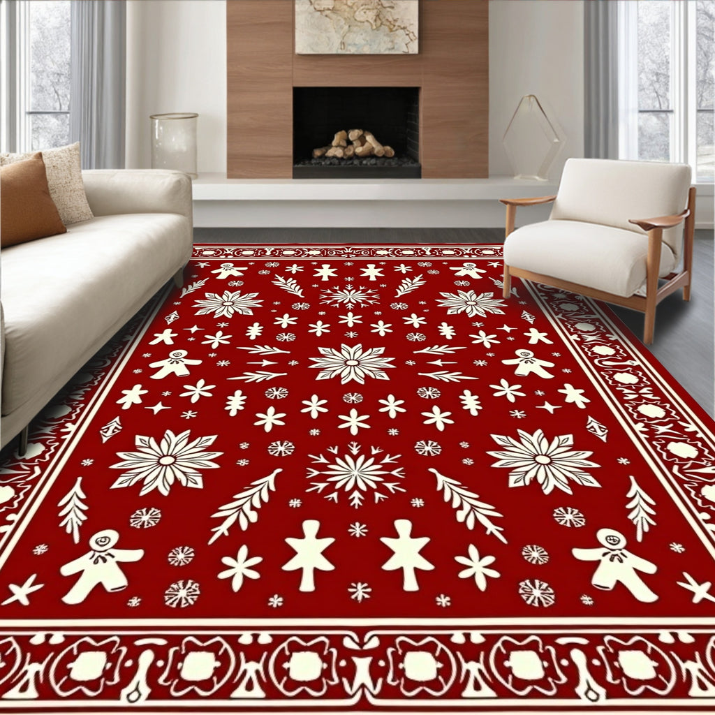 Festive Red Gingerbread Snowflakes Border Rug