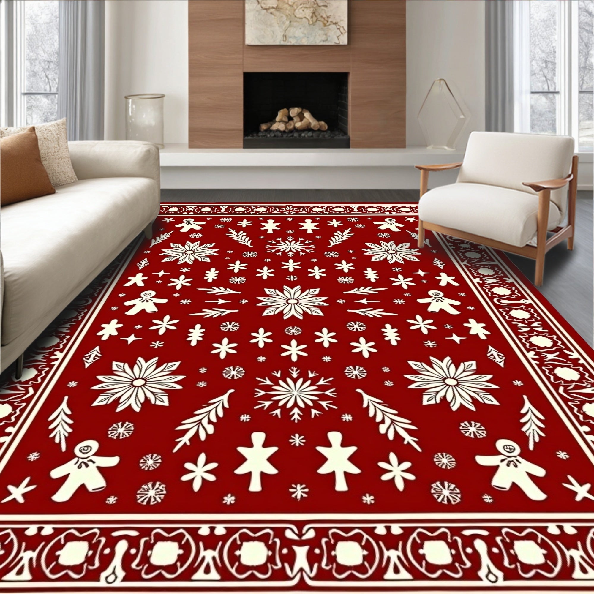Festive Red Gingerbread Snowflakes Border Rug