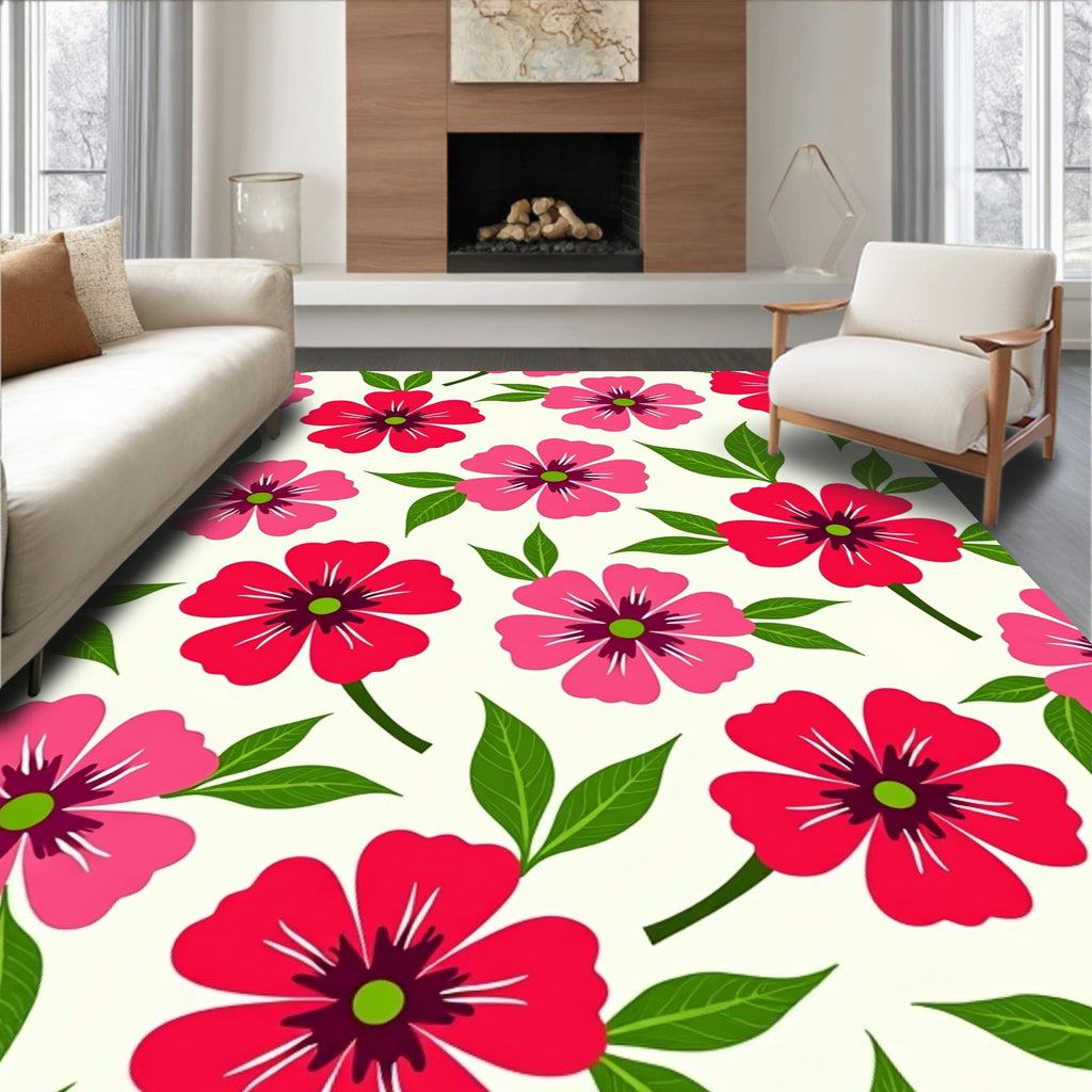 Crimson Pink Floral Garden Leaves Rug