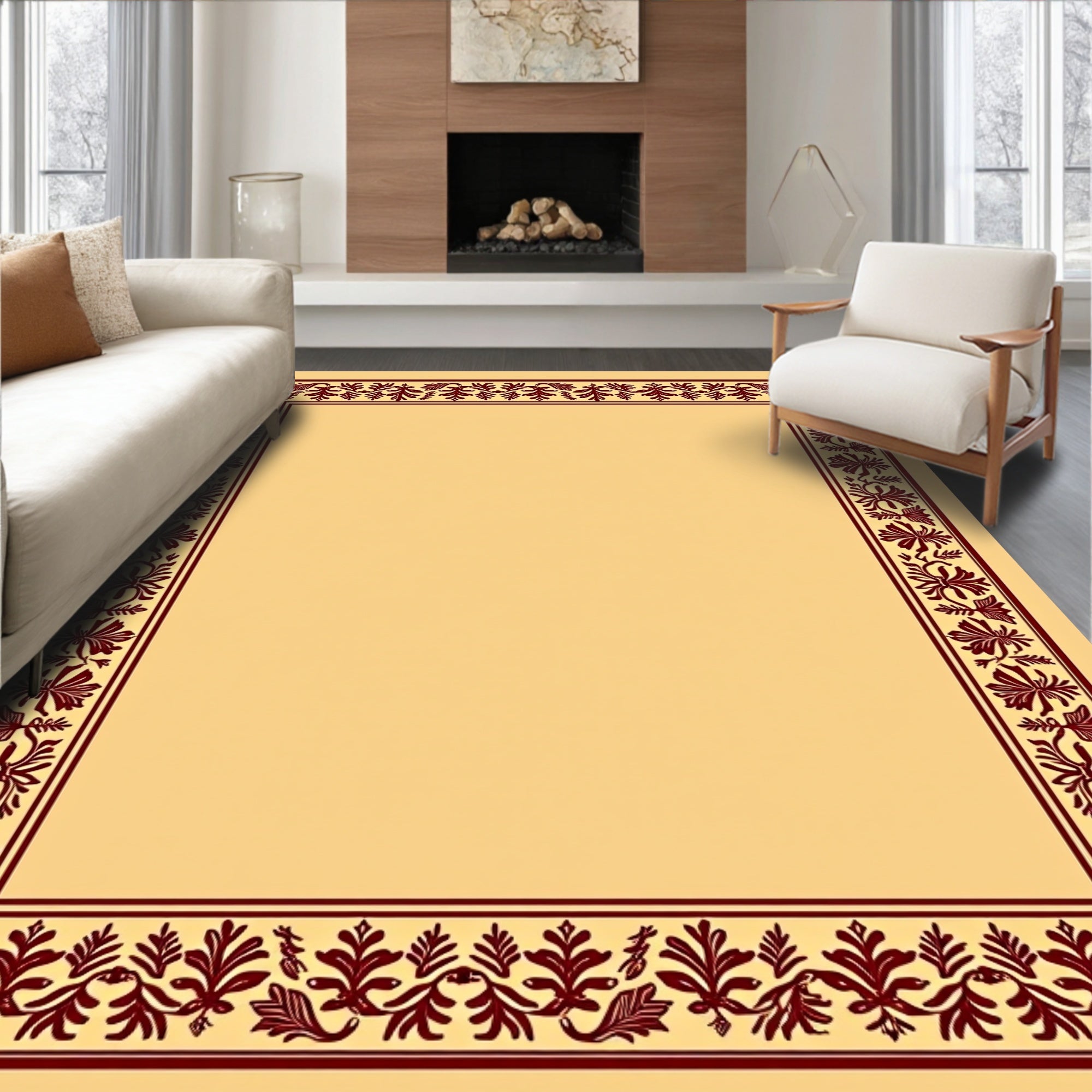 Crimson Floral Vine Border Rug