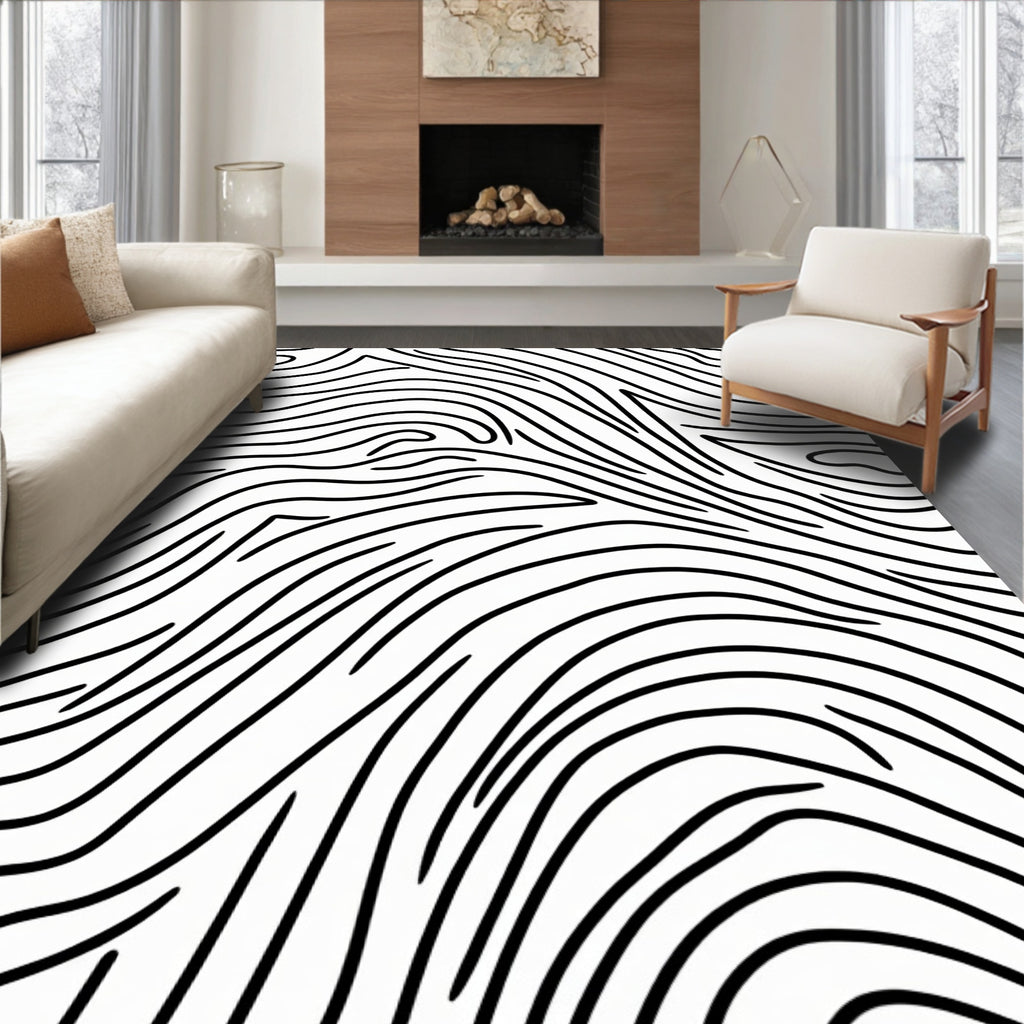 Black White Organic Wavy Lines Rug