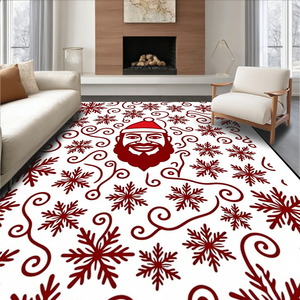 Red Santa Face Snowflakes Swirls Rug