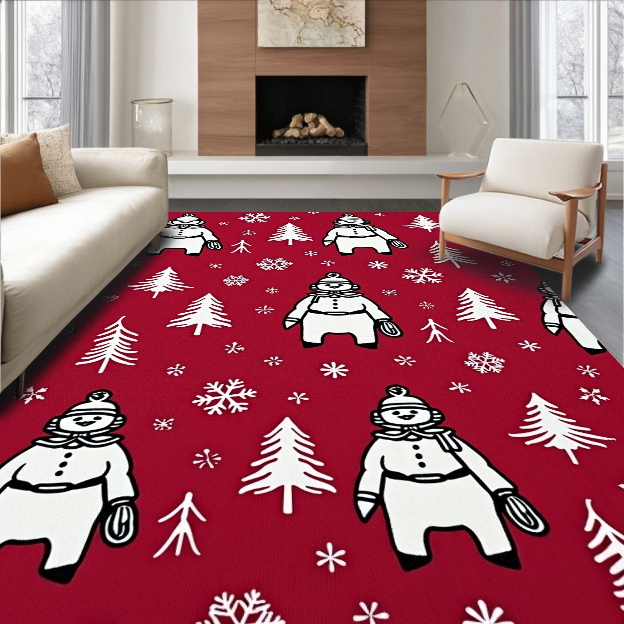 Festive Red Snowman Snowflake Forest Rug
