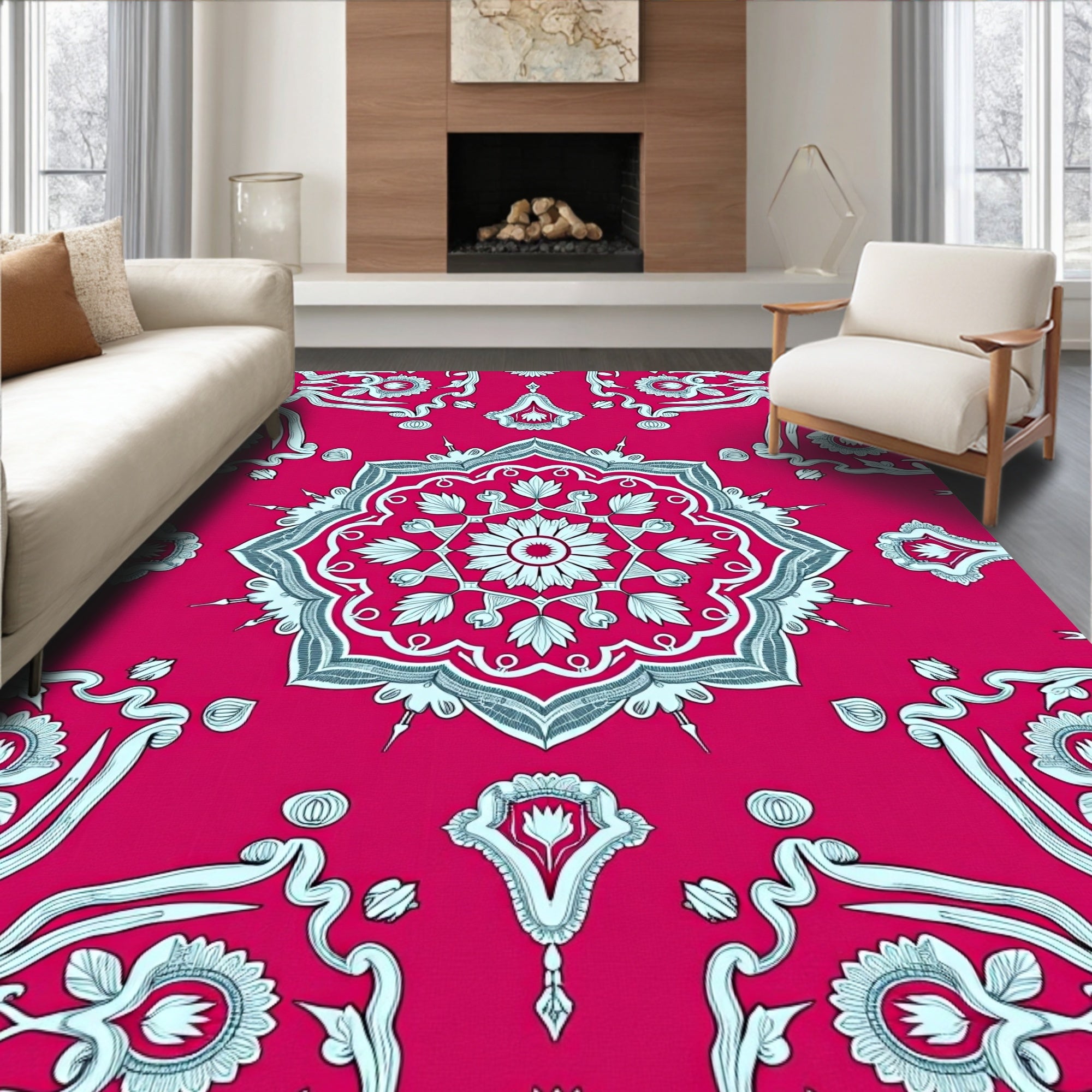 Vibrant Pink Floral Medallion Art Rug