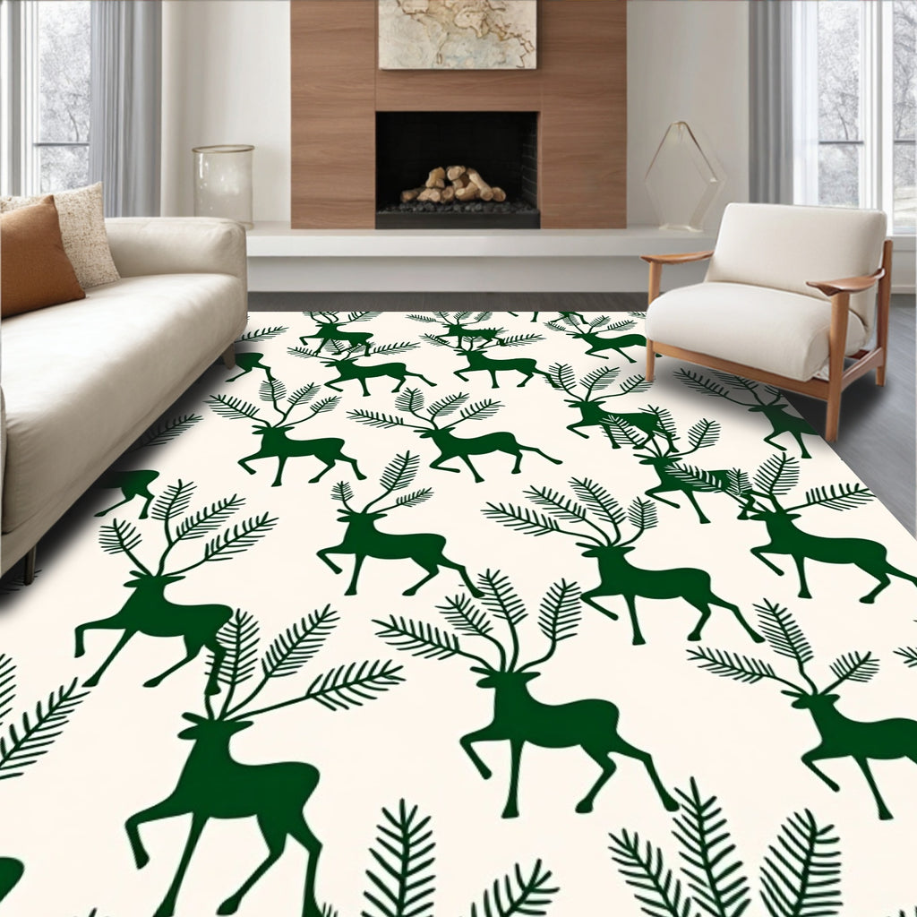 Forest Green Silhouette Deer with Pine Branch Antlers Rug