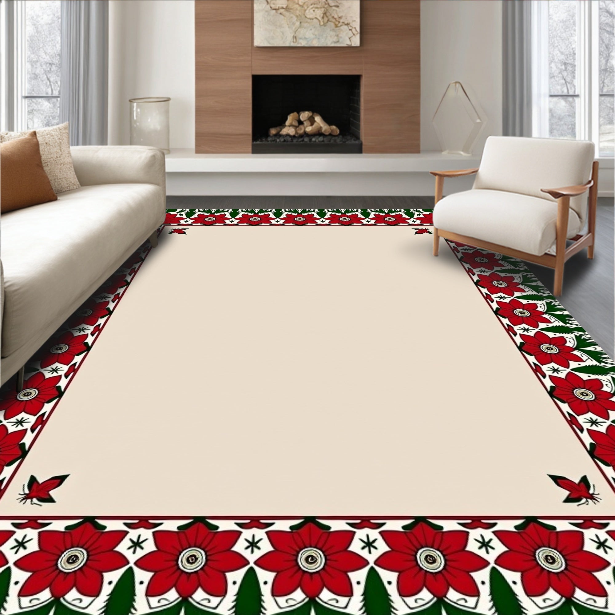 Vibrant Red Floral Garland Border Rug