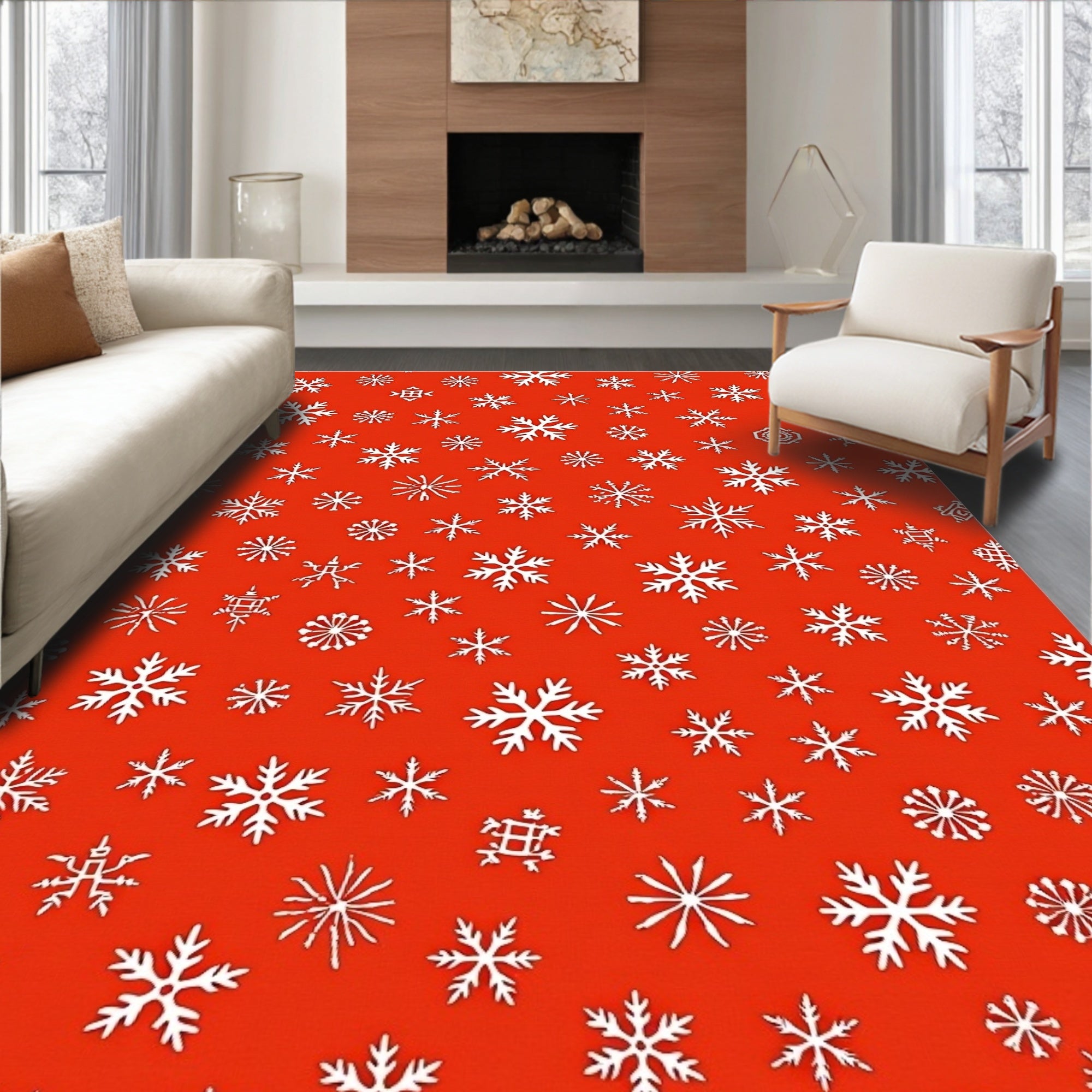 Winter White Snowflake Cluster Red Rug