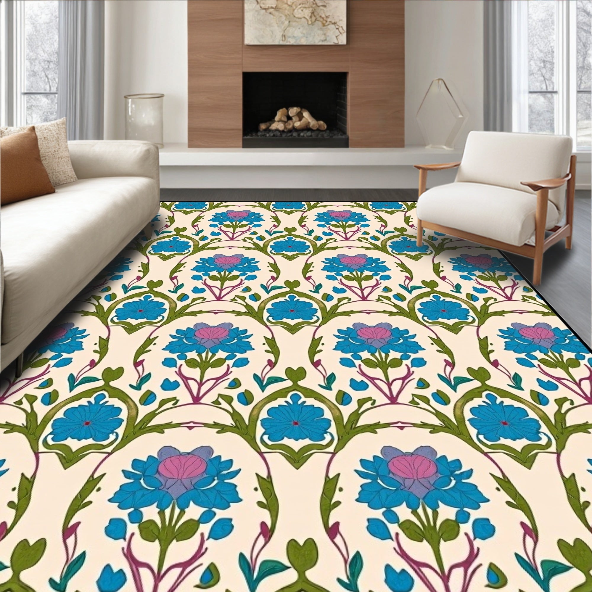 Blue Pink Floral Arch Repeat Rug