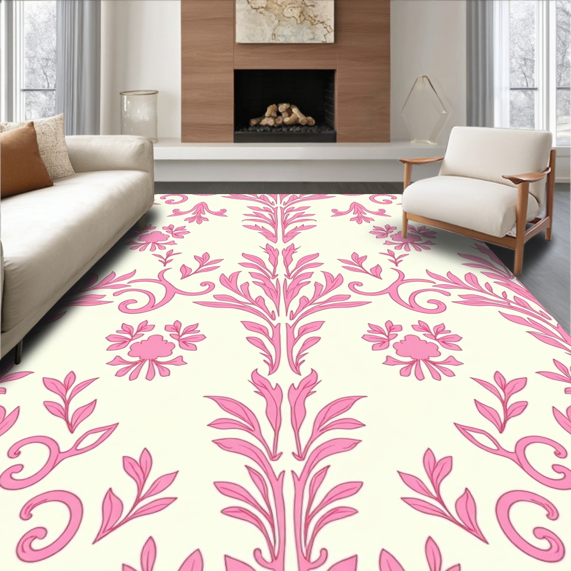 Sweet Pink Floral Damask Oval Rug