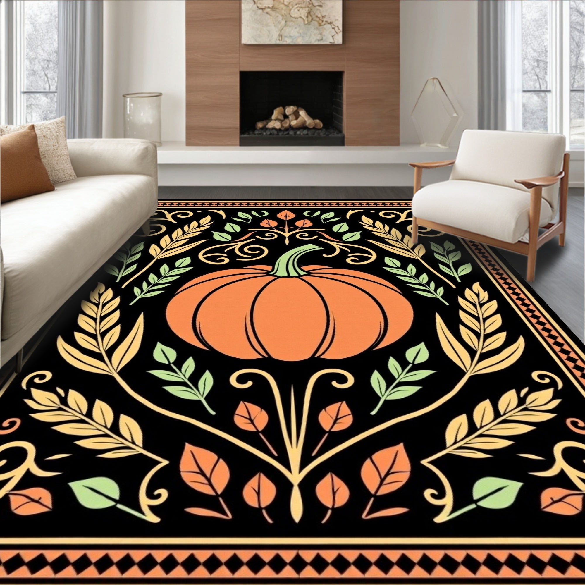 Orange Pumpkin Floral Harvest Rug
