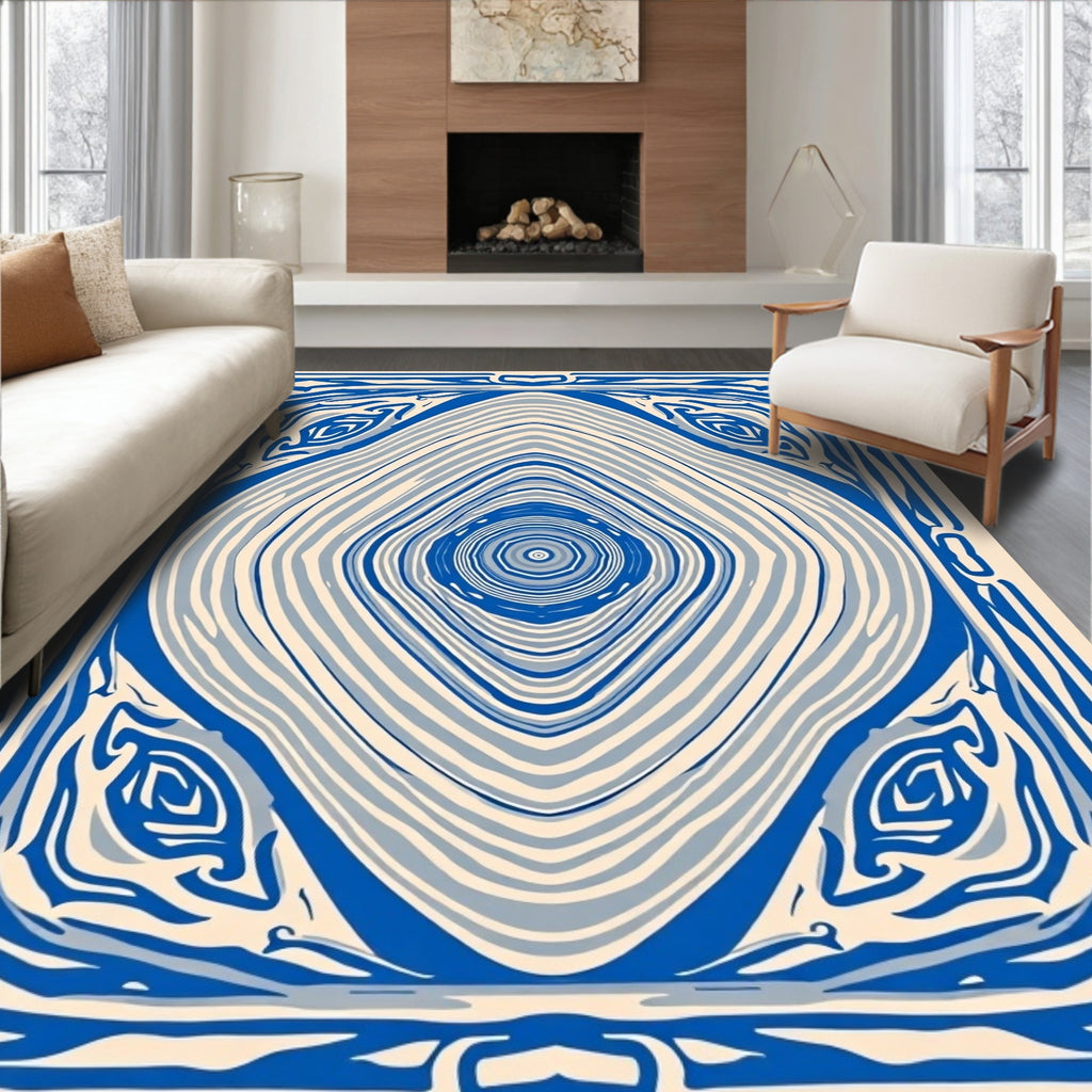 Blue Ivory Concentric Square Abstraction Rug
