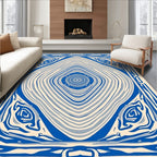 Blue Ivory Concentric Square Abstraction Rug