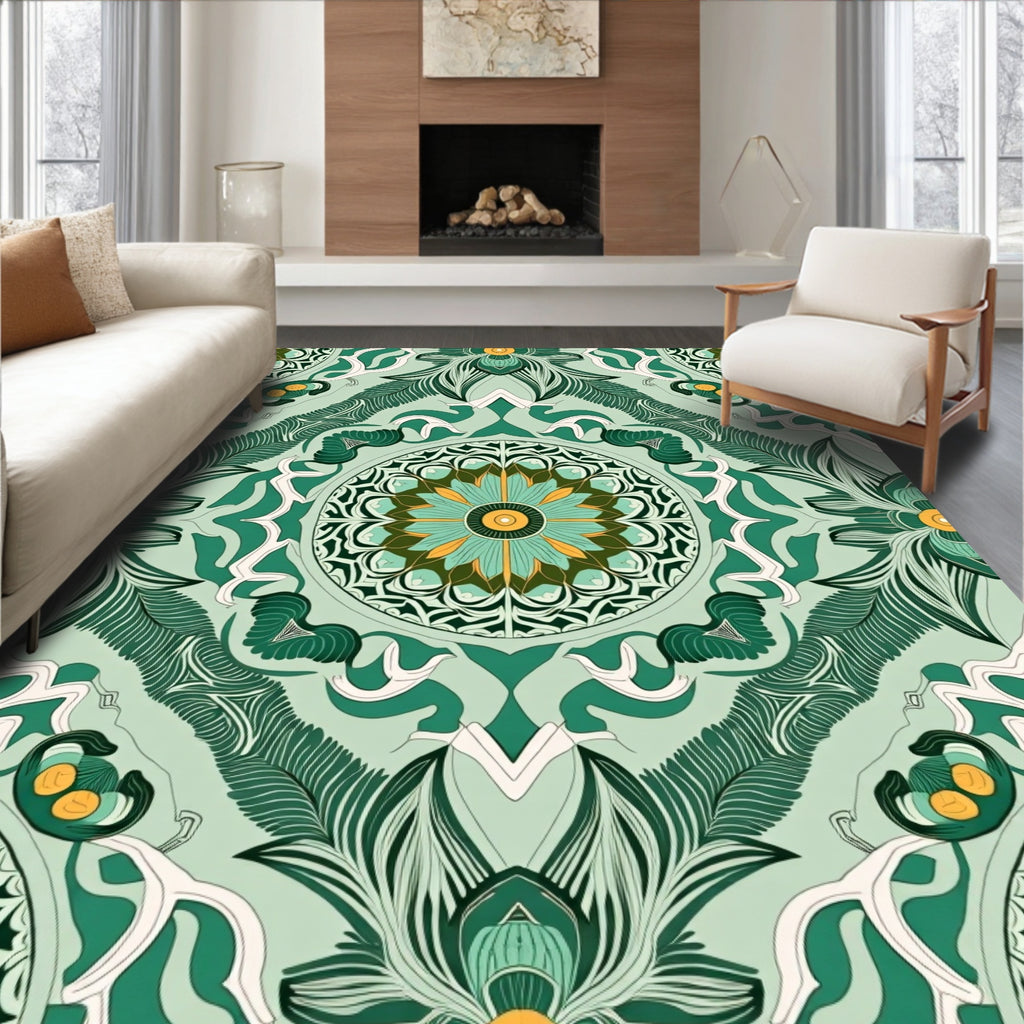 Emerald Teal Floral Radial Art Rug