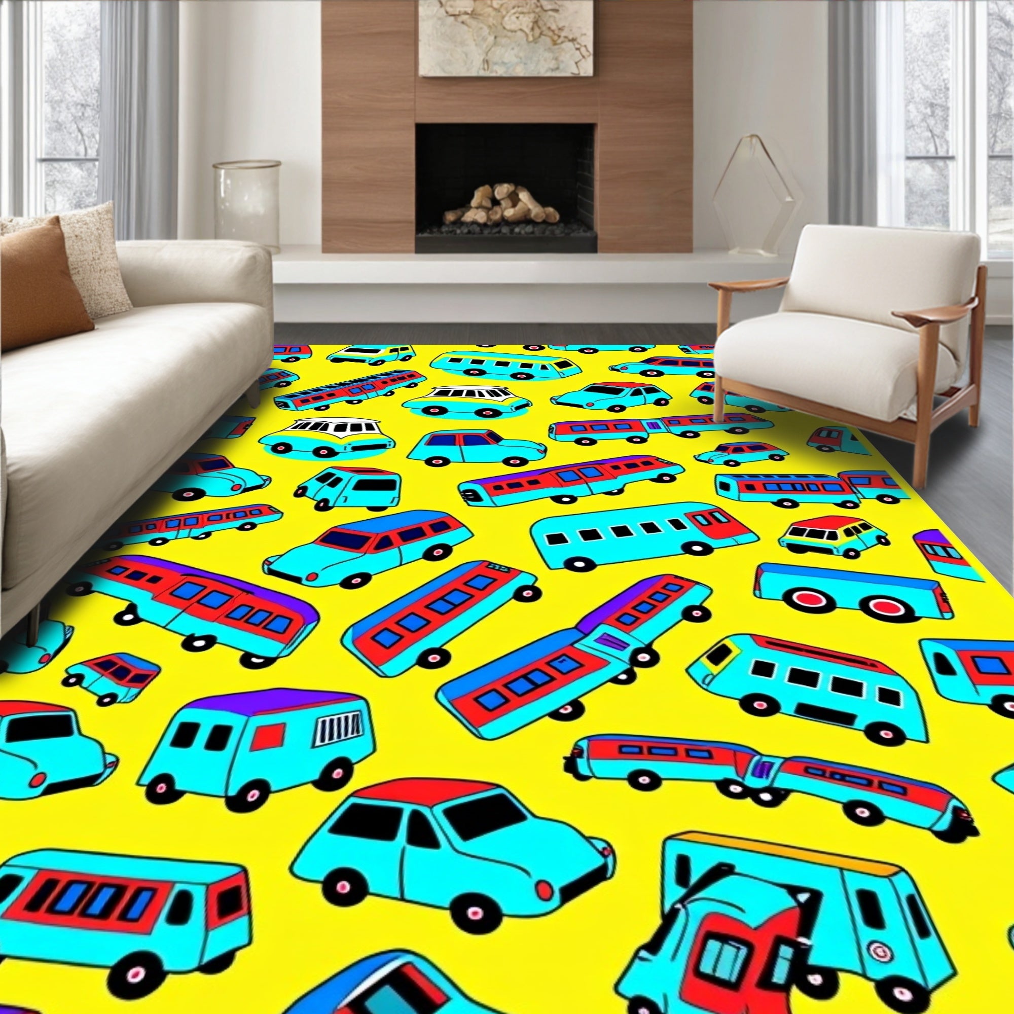 Whimsical Yellow Transportation Mix Rug