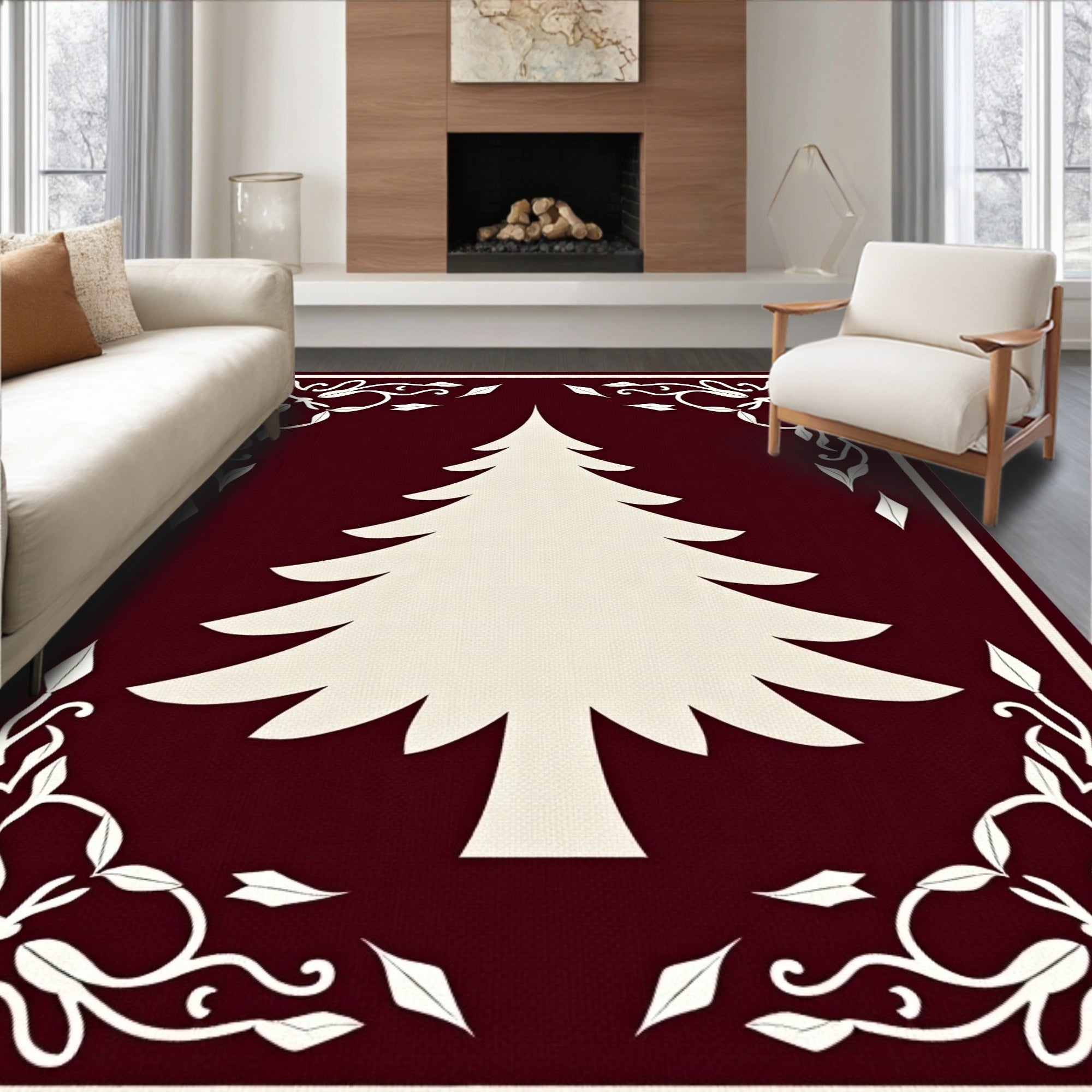 Crimson Ivory Pine Woodland Border Rug