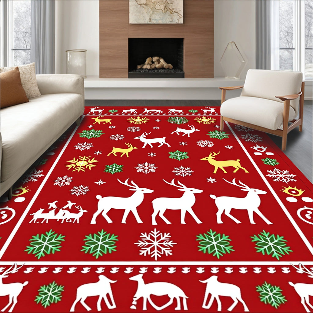 Red Reindeer Snowflake Holiday Scene Rug