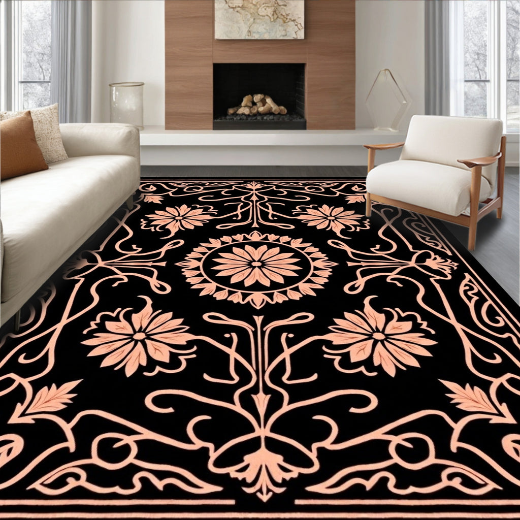 Black Coral Floral Tassel Border Rug