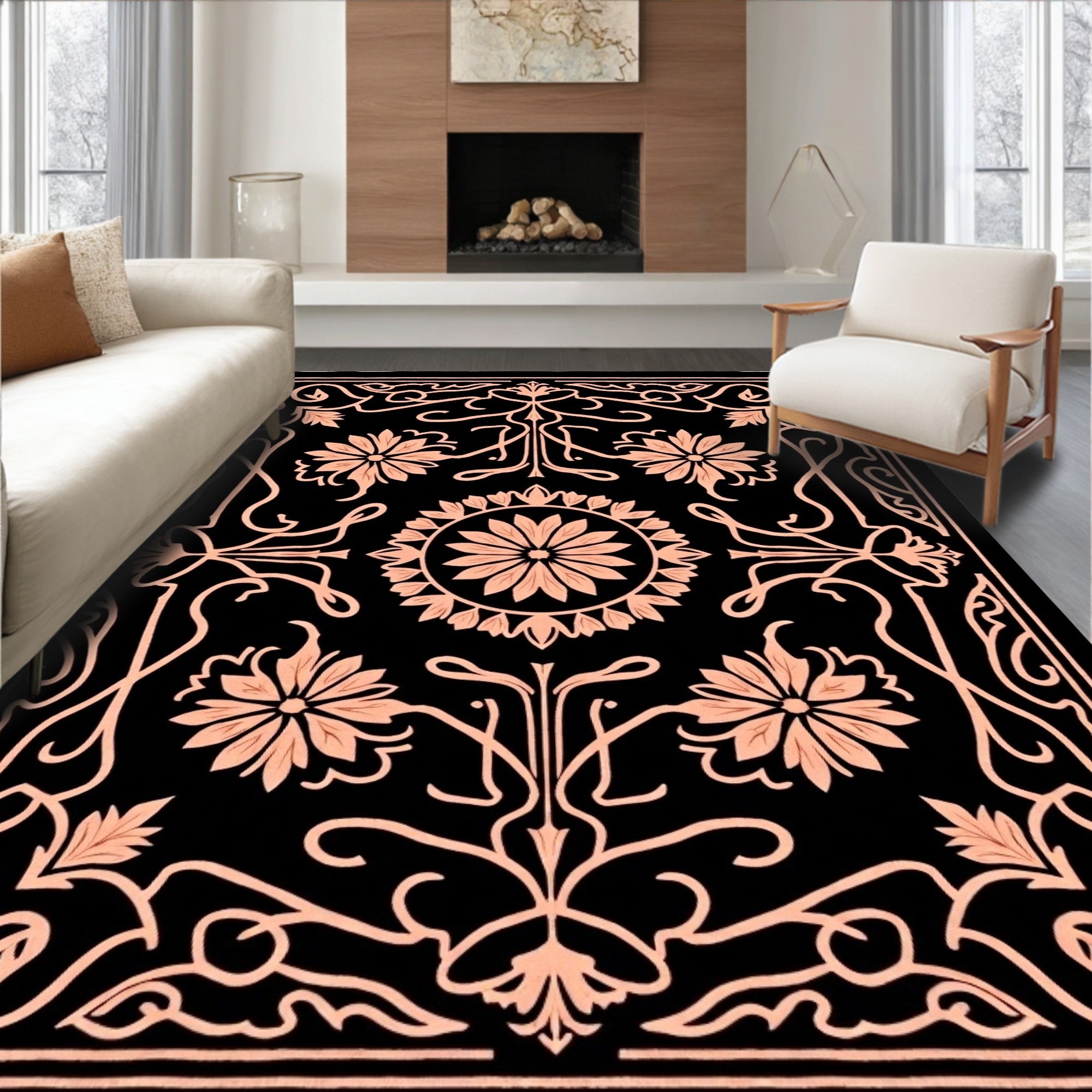 Black Coral Floral Tassel Border Rug