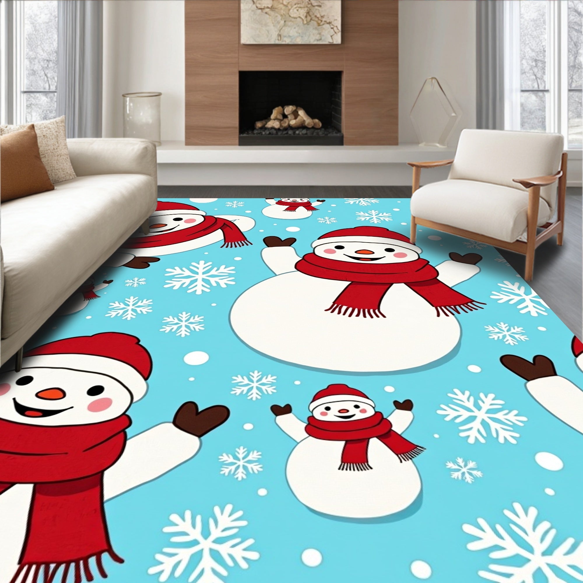 Cheerful Snowman Red Scarf Snowflakes Rug