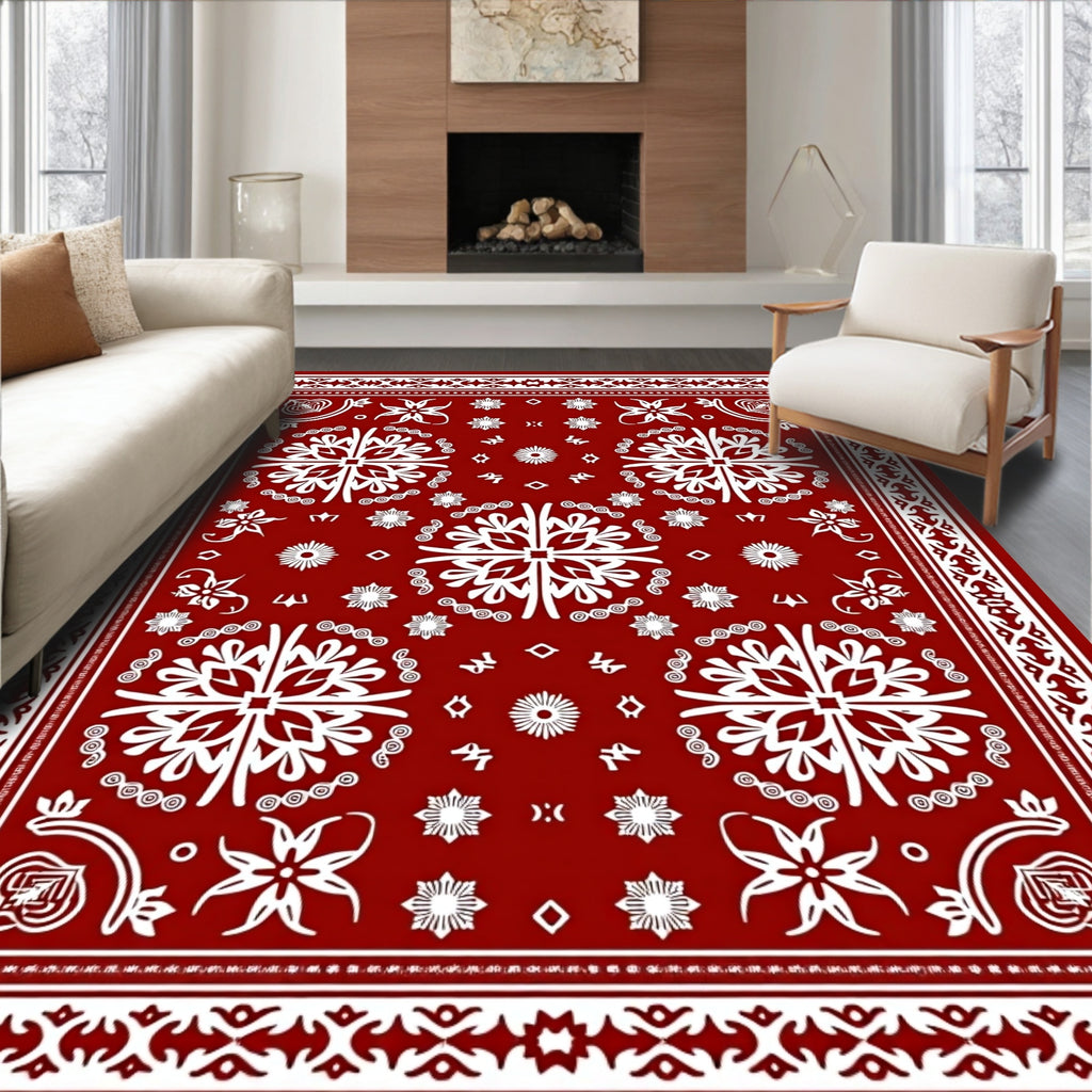 Crimson White Intricate Floral Border Rug