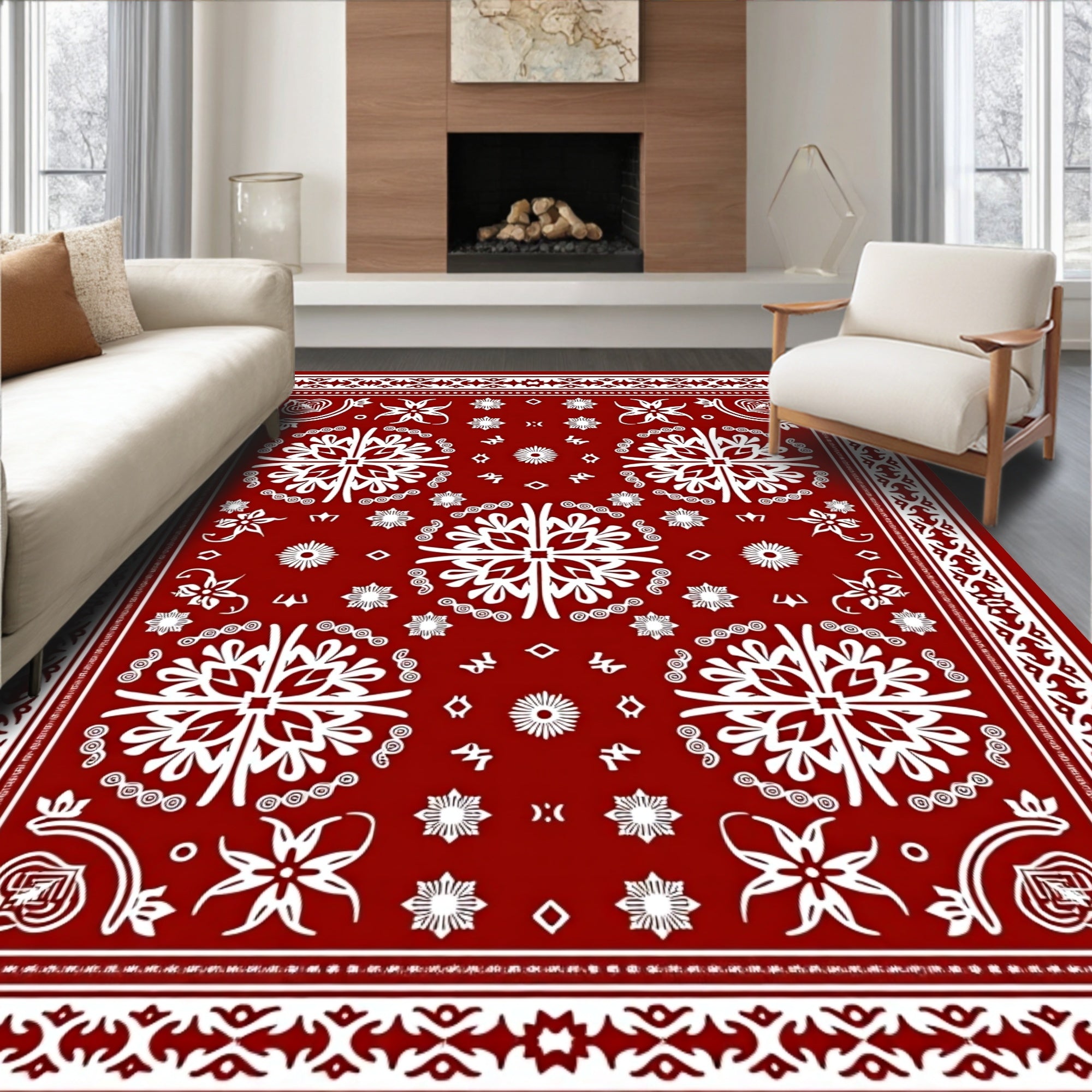 Crimson White Intricate Floral Border Rug