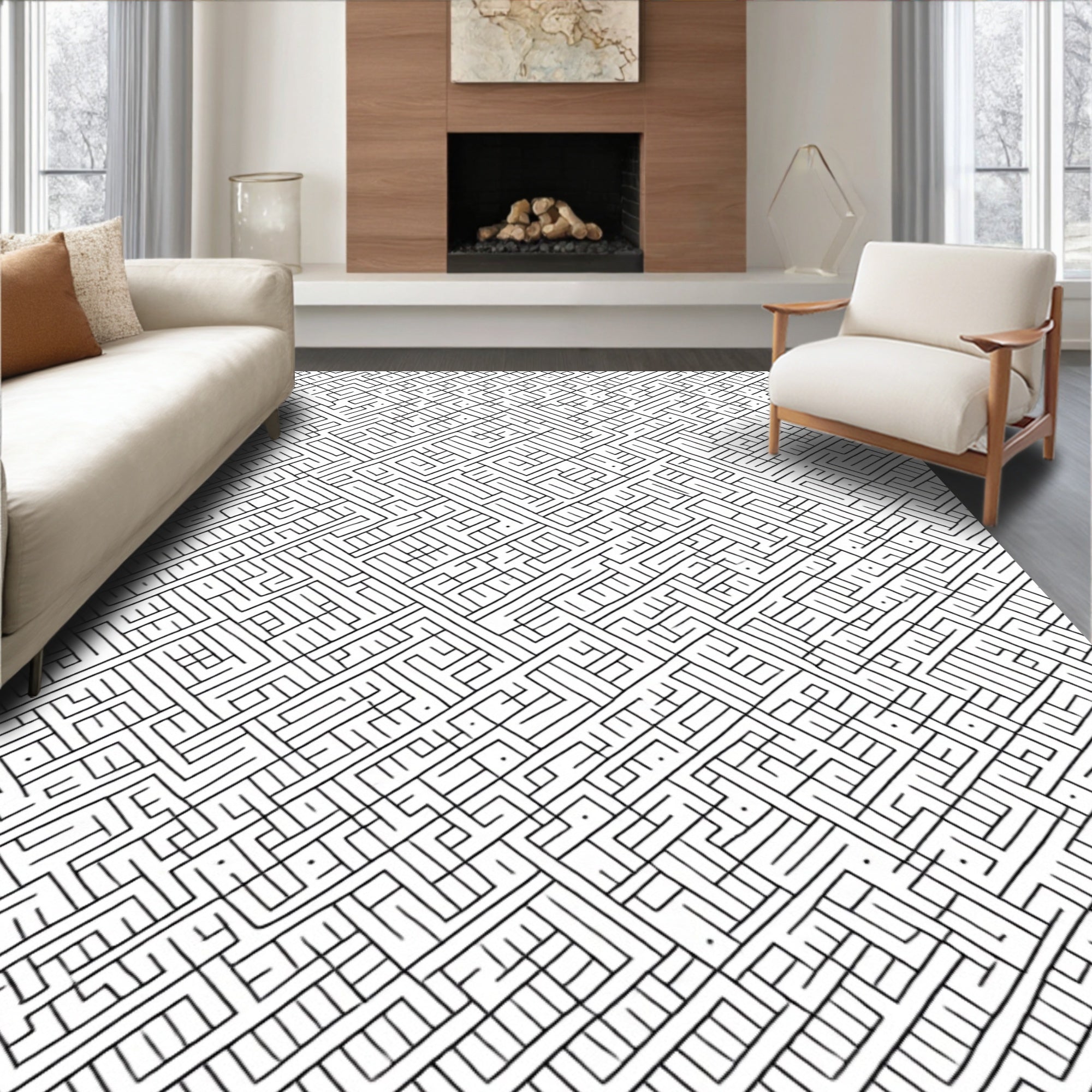 Monochrome Maze Geometric Abstract Lines Rug