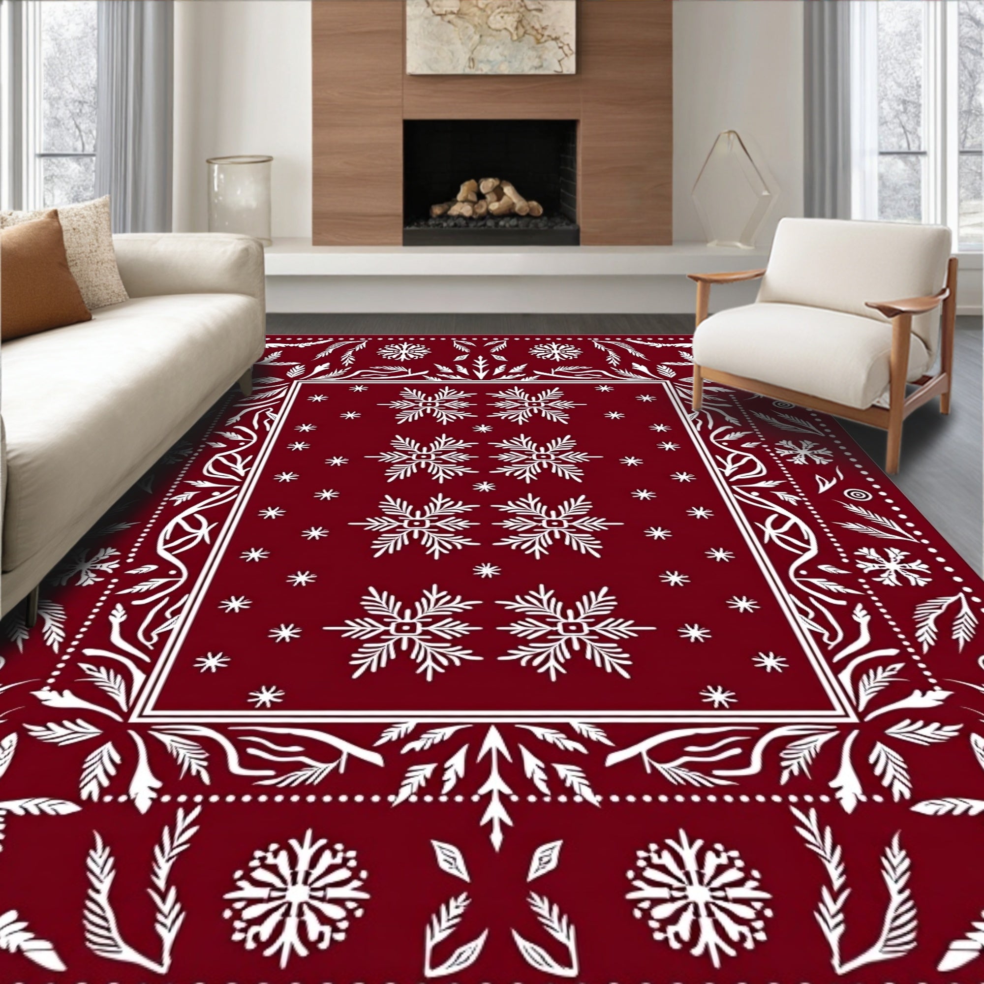 Crimson Snowflakes Botanical Border Rug