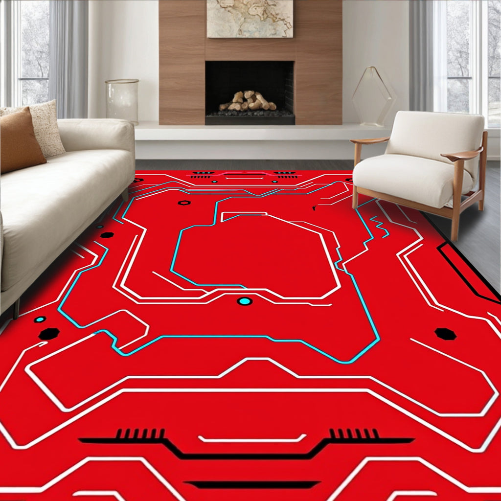 Crimson Circuit Board Geometric Lines Rug
